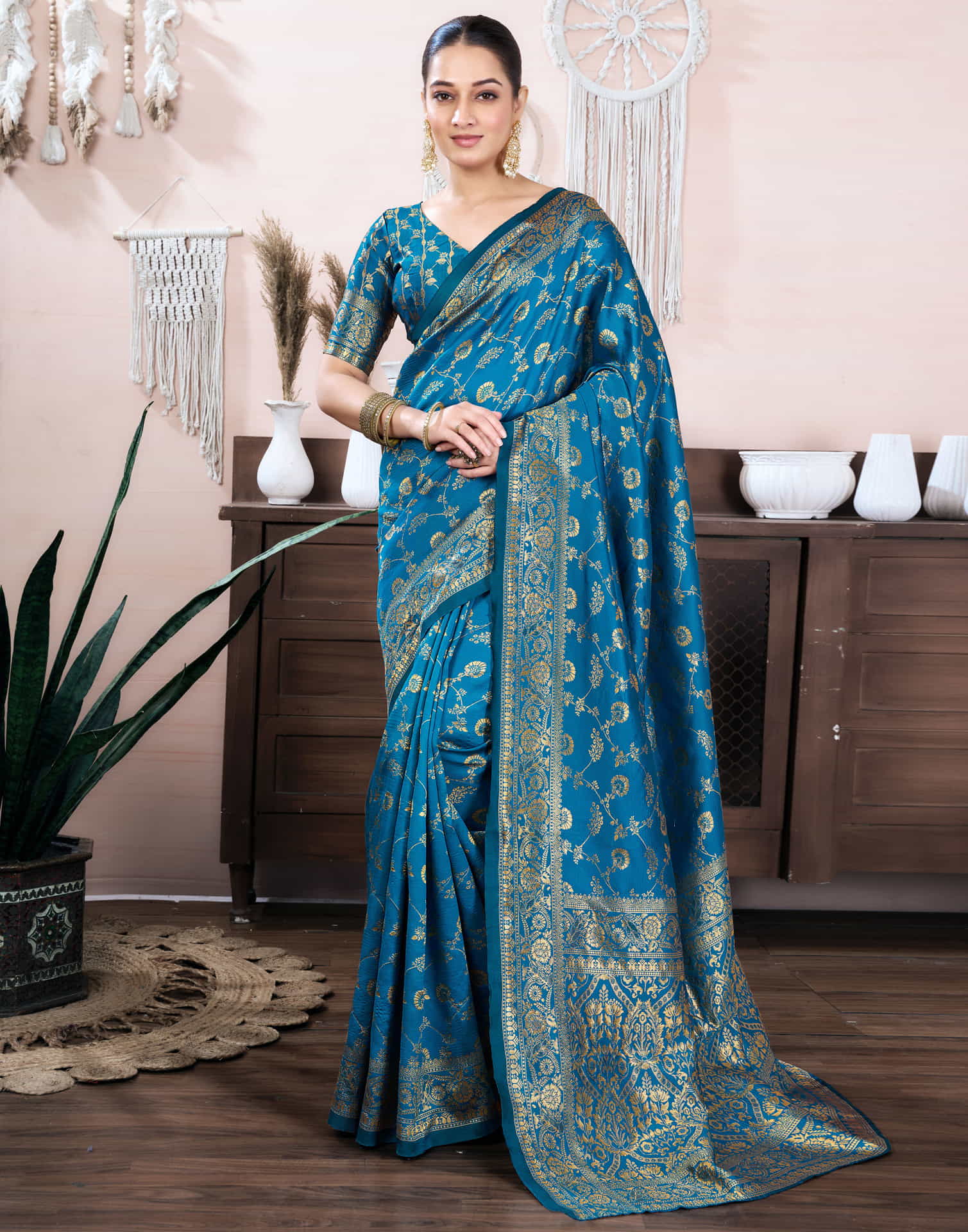 Teal Blue Silk Blend Weaving Banarasi Saree