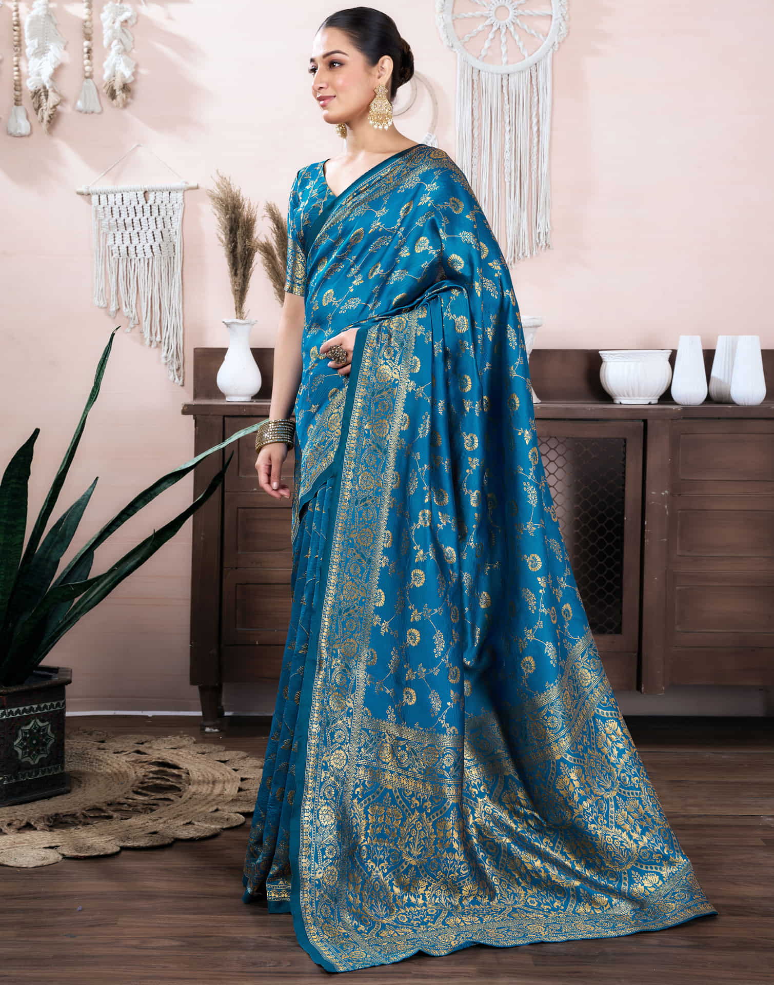 Teal Blue Silk Blend Weaving Banarasi Saree