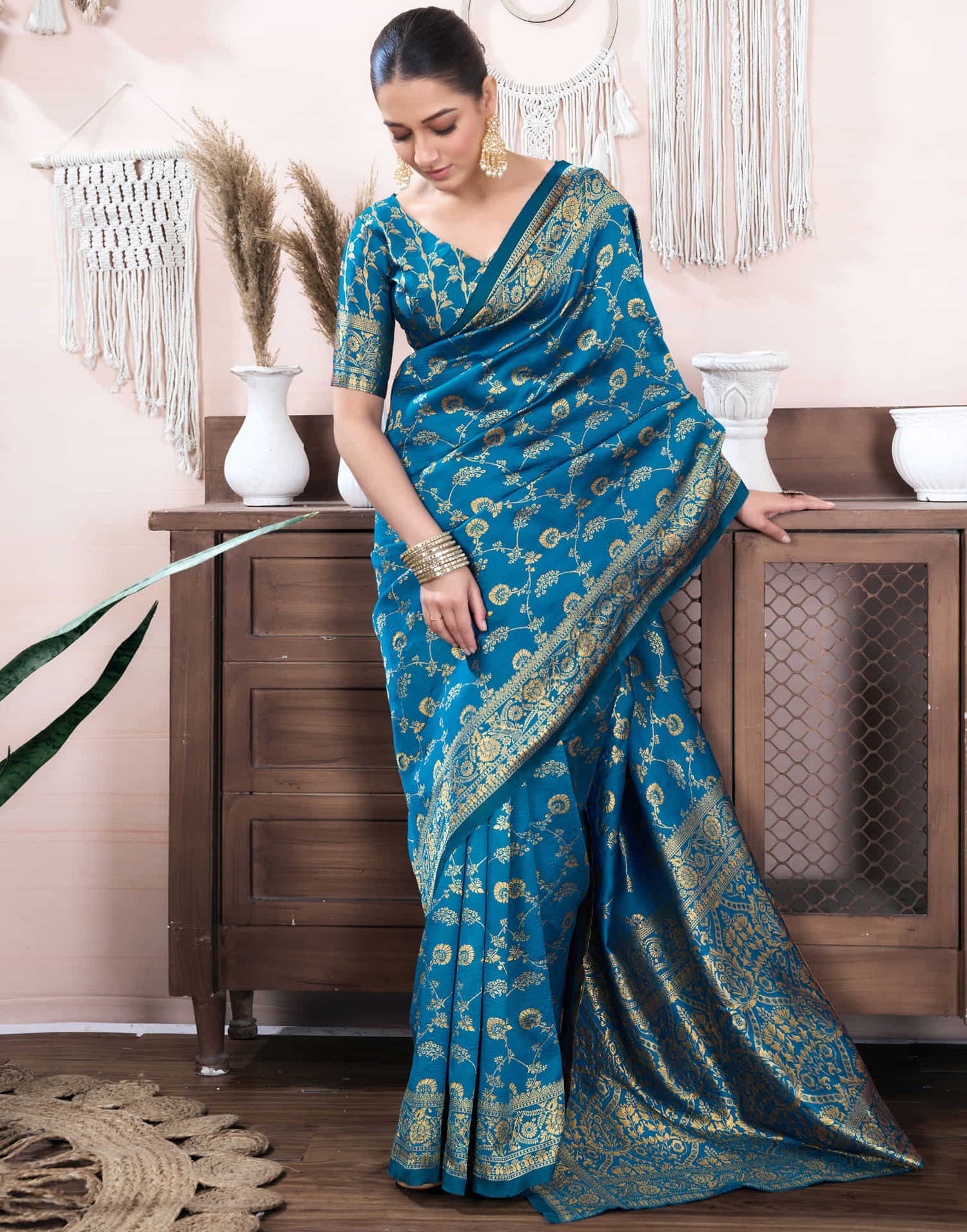 Teal Blue Silk Blend Weaving Banarasi Saree