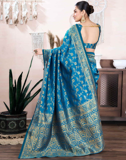 Teal Blue Silk Blend Weaving Banarasi Saree