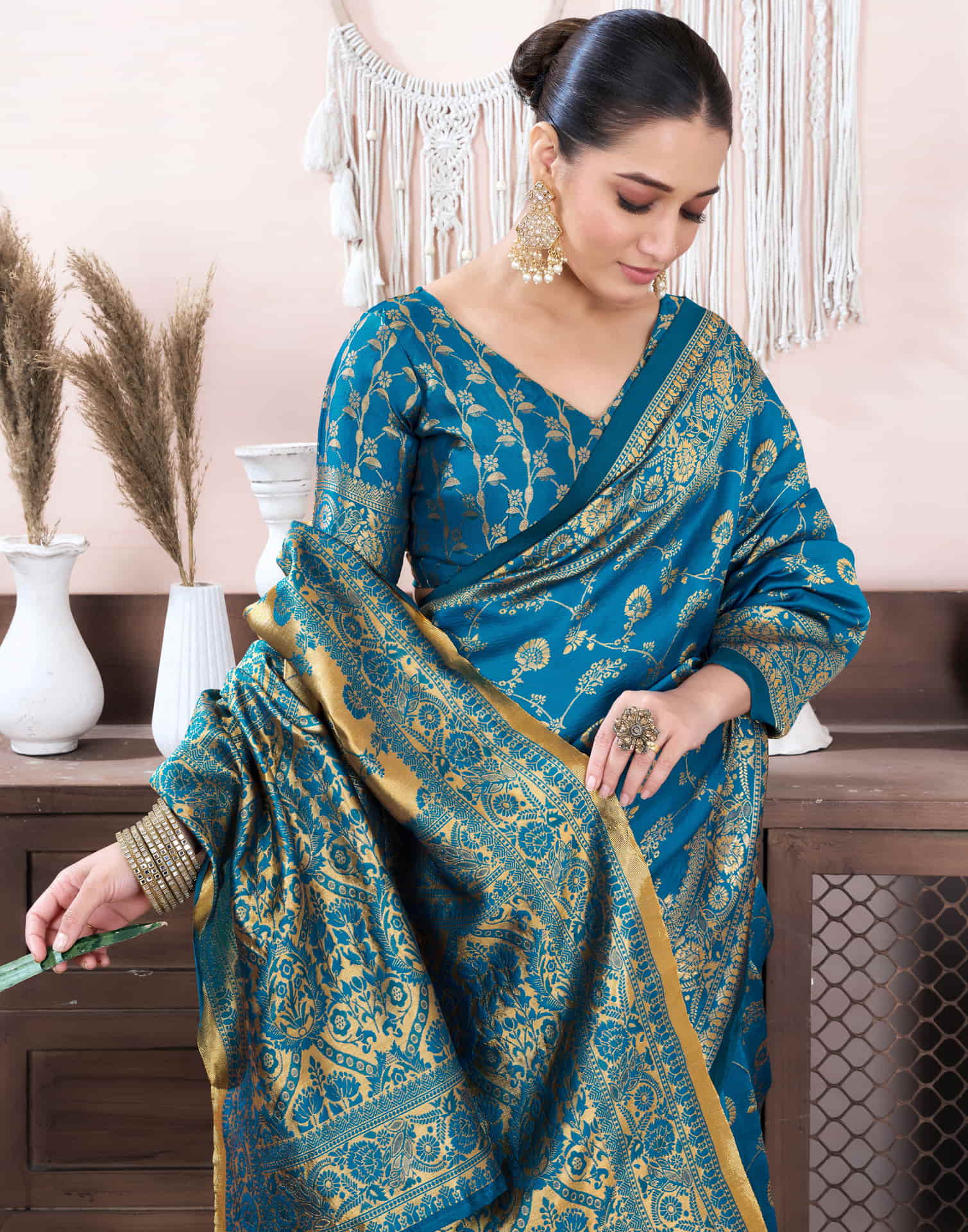 Teal Blue Silk Blend Weaving Banarasi Saree