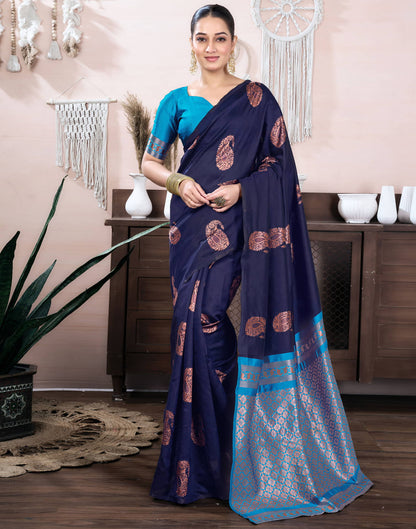 Navy Blue Silk Blend Weaving Saree