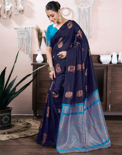 Navy Blue Silk Blend Weaving Saree