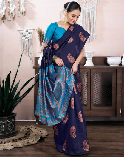 Navy Blue Silk Blend Weaving Saree