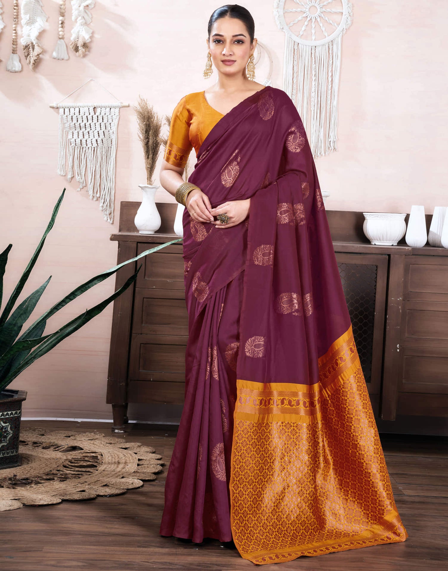 Maroon Silk Blend Weaving Saree