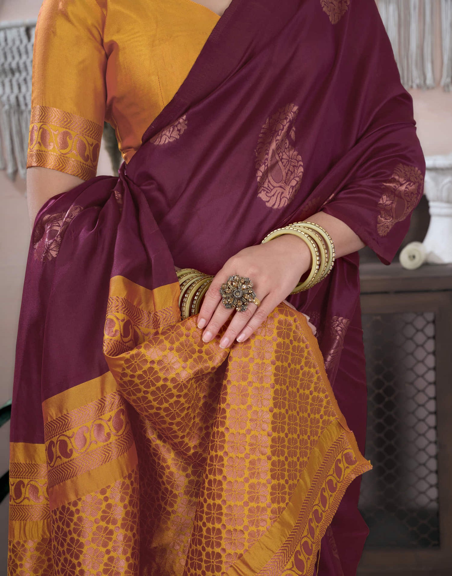 Maroon Silk Blend Weaving Saree