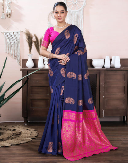 Navy Blue Silk Blend Weaving Saree