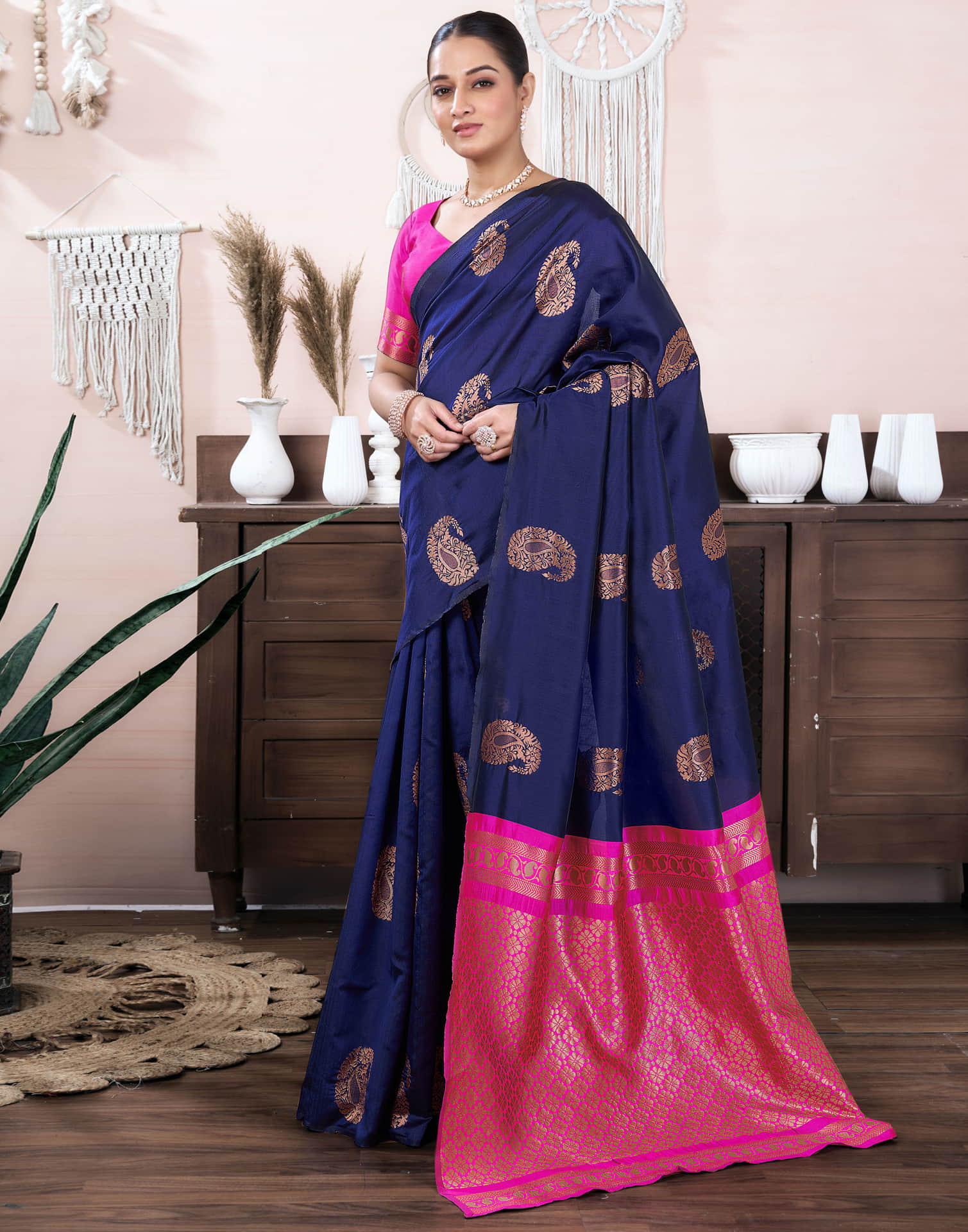 Navy Blue Silk Blend Weaving Saree