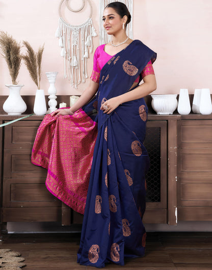 Navy Blue Silk Blend Weaving Saree