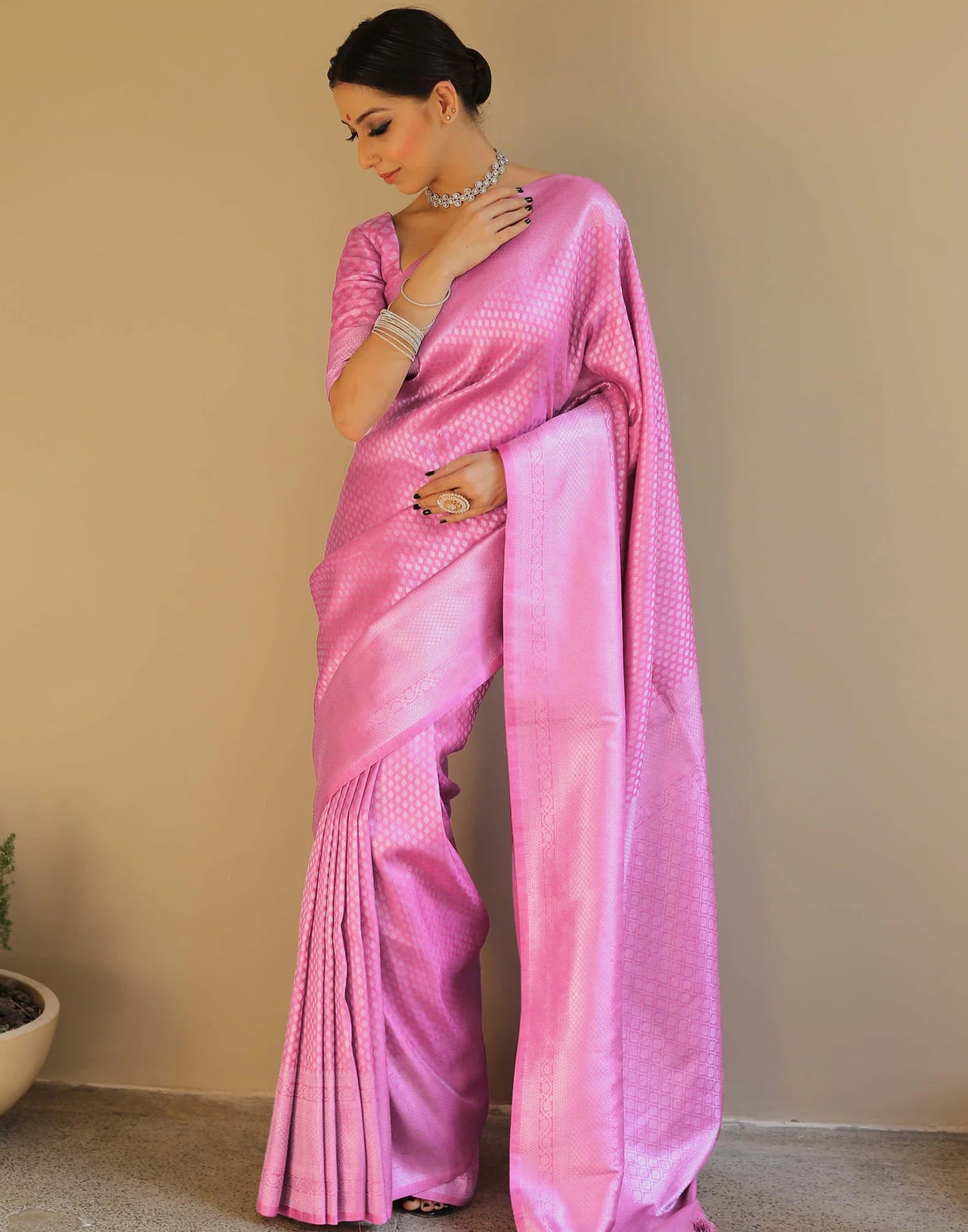 Hot Pink Silk Woven Kanjivaram Saree