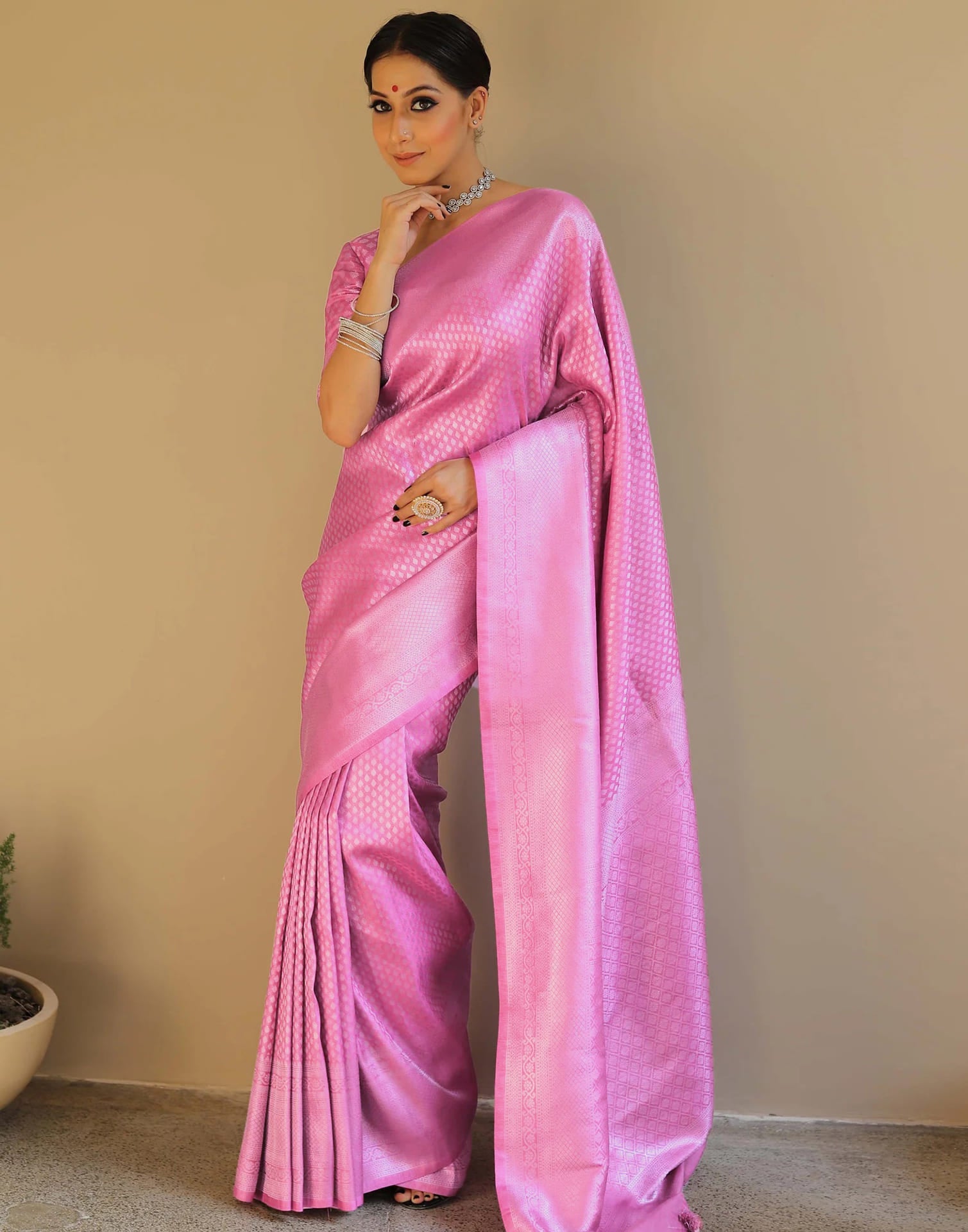 Hot Pink Silk Woven Kanjivaram Saree