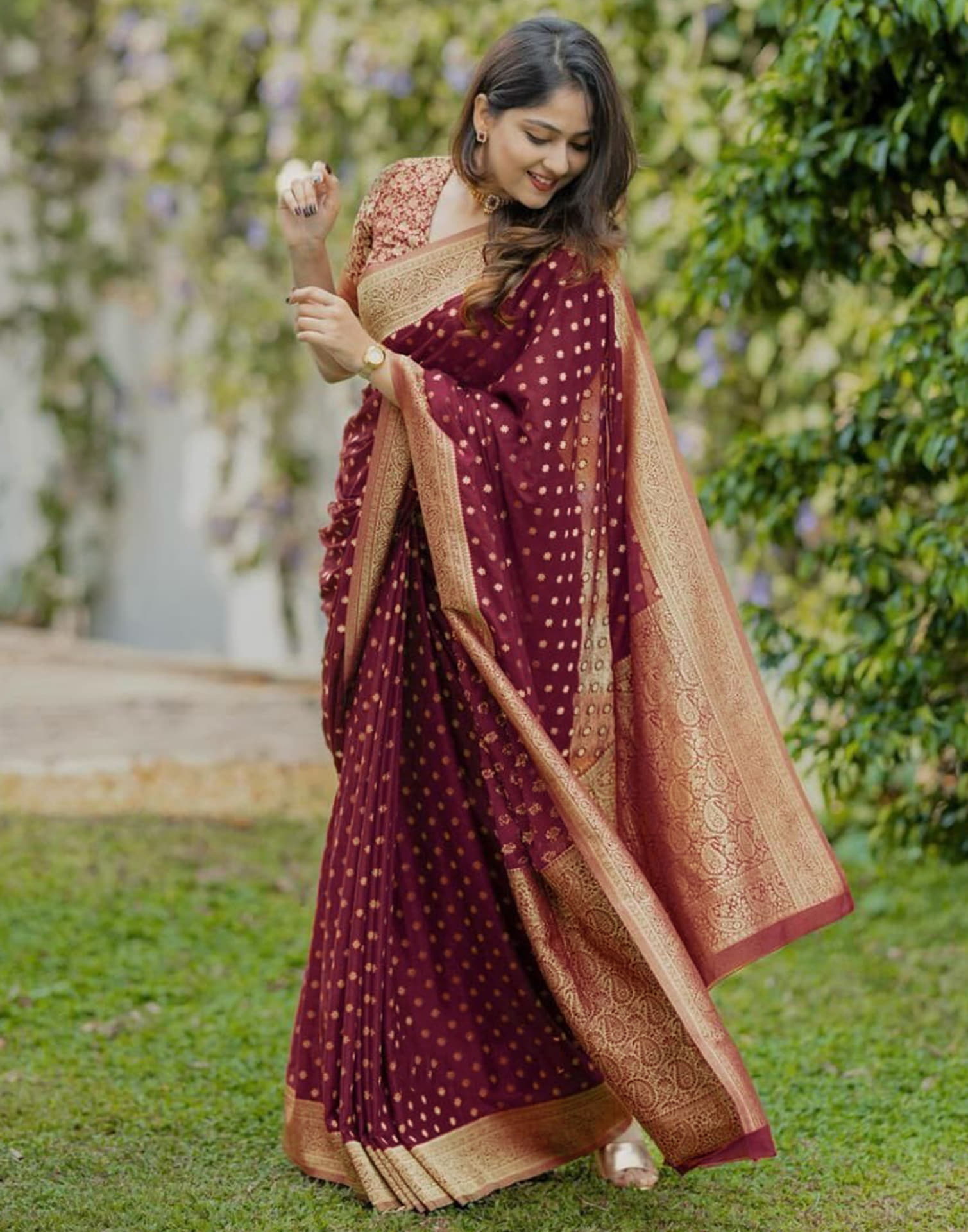 Maroon Silk Woven Banarasi Saree