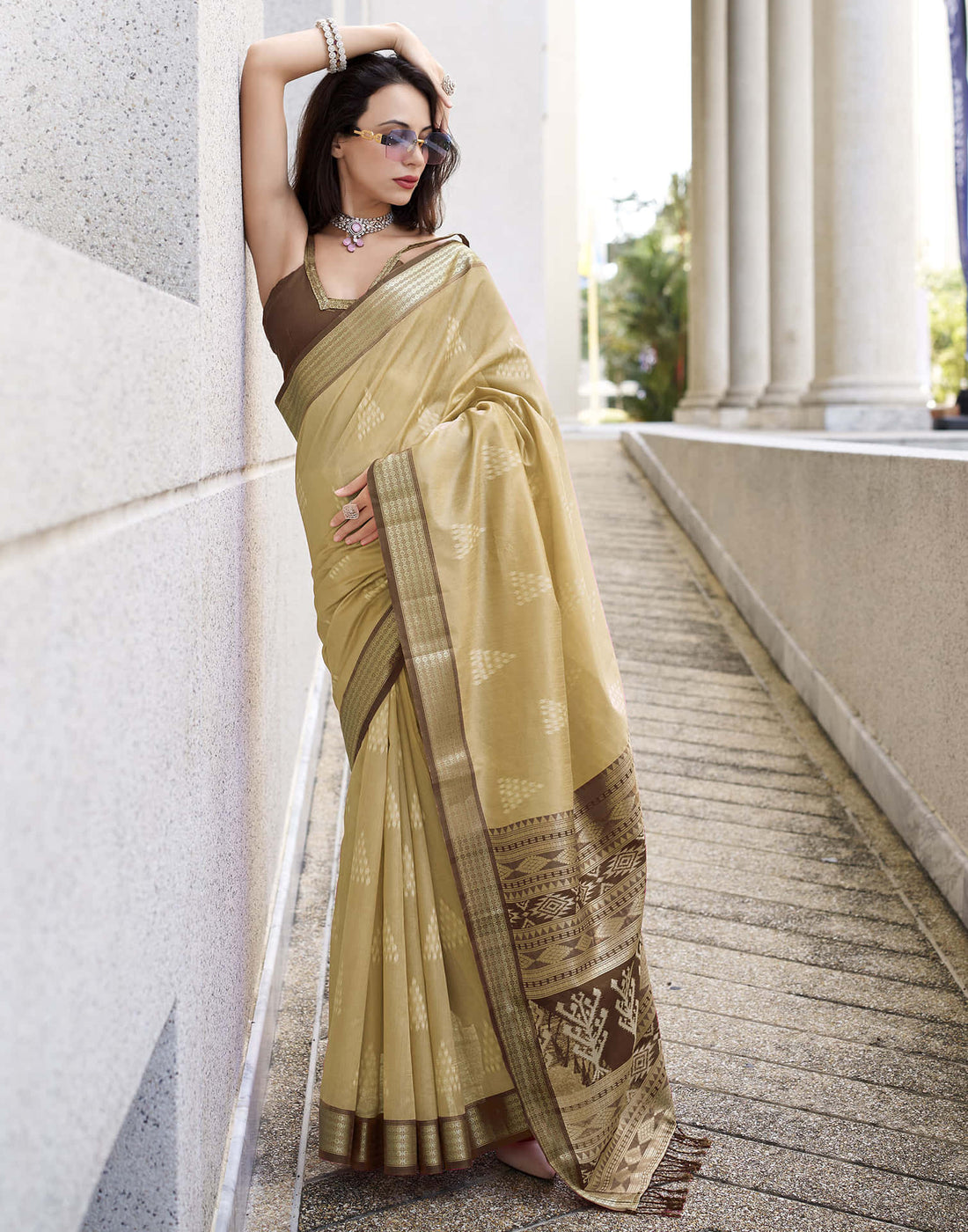 Beige Silk Ikkat Woven Saree