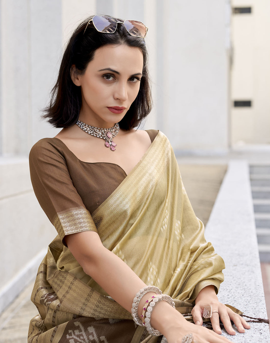 Beige Silk Ikkat Woven Saree