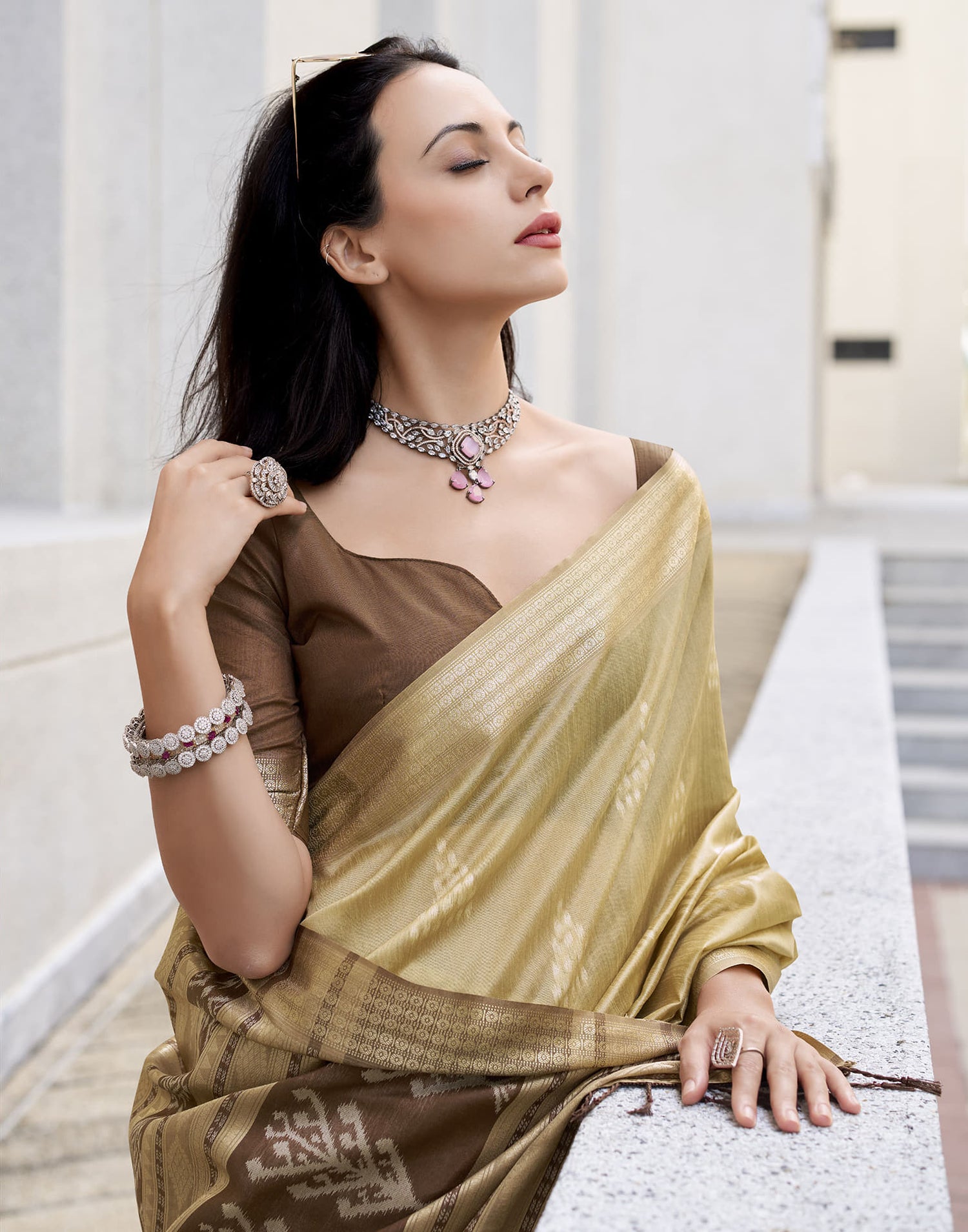 Beige Silk Ikkat Woven Saree