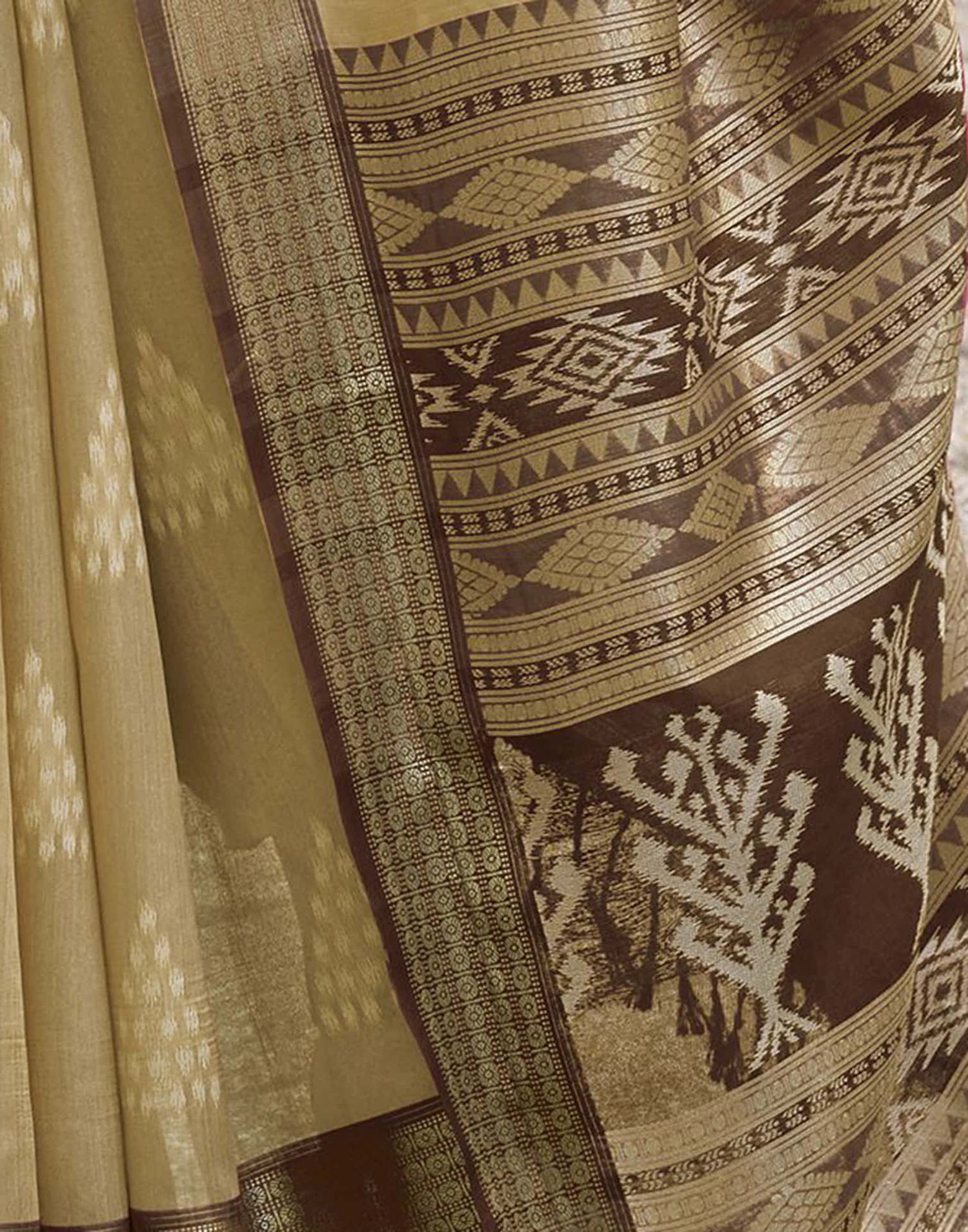 Beige Silk Ikkat Woven Saree