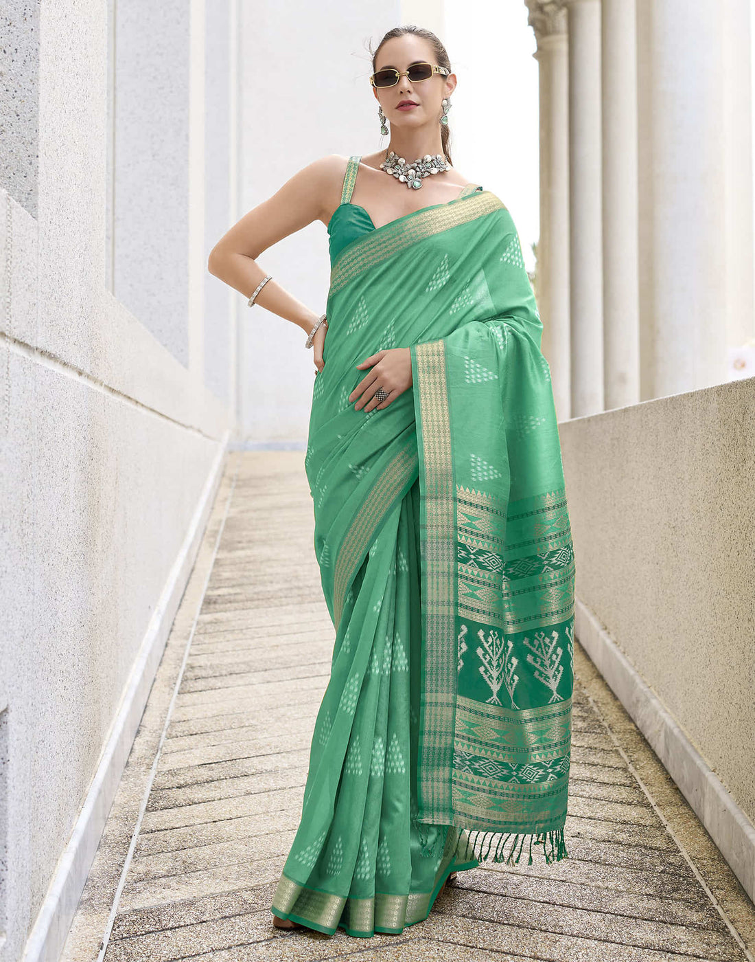 Sea Green Silk Ikkat Woven Saree