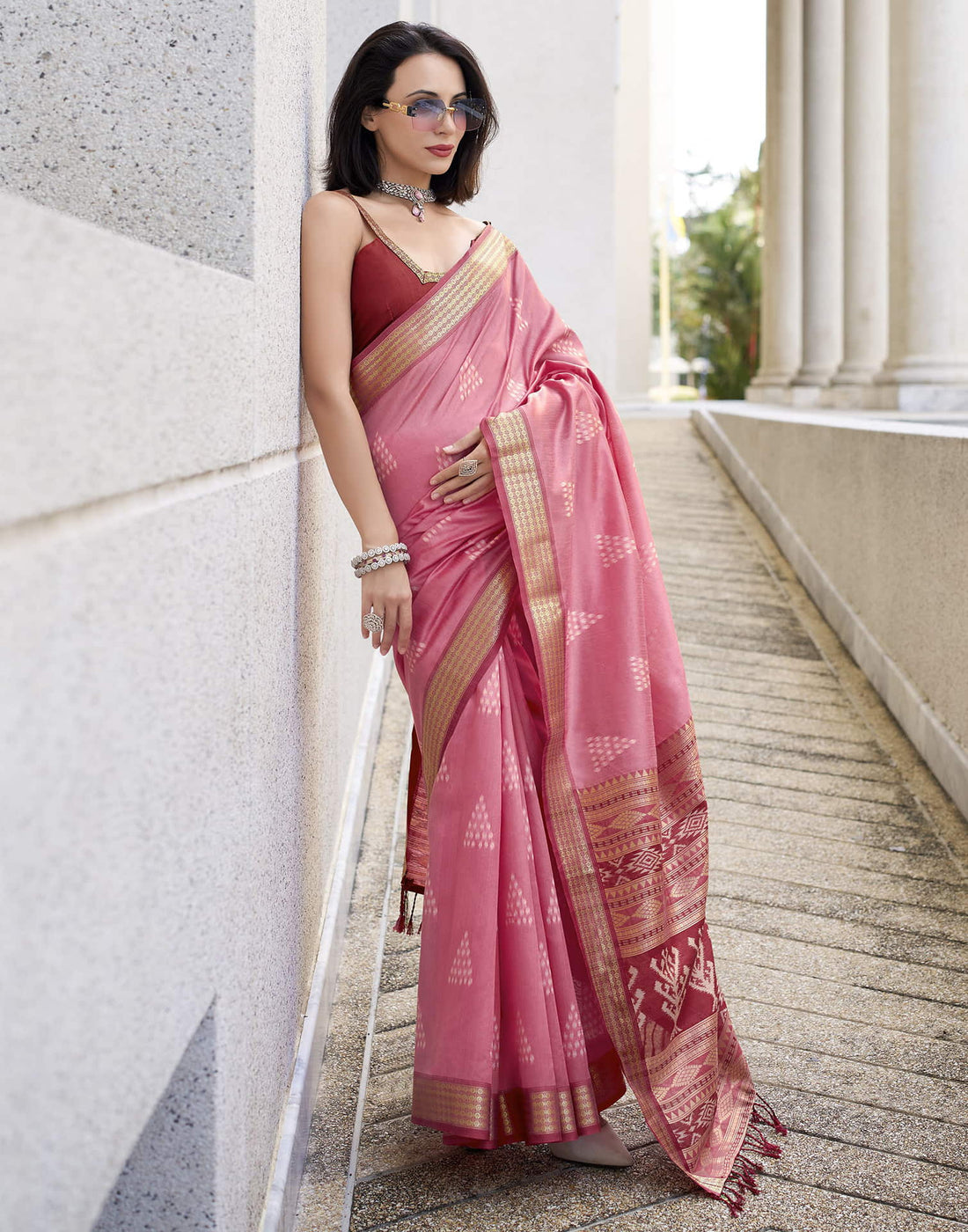 Pink Silk Ikkat Woven Saree