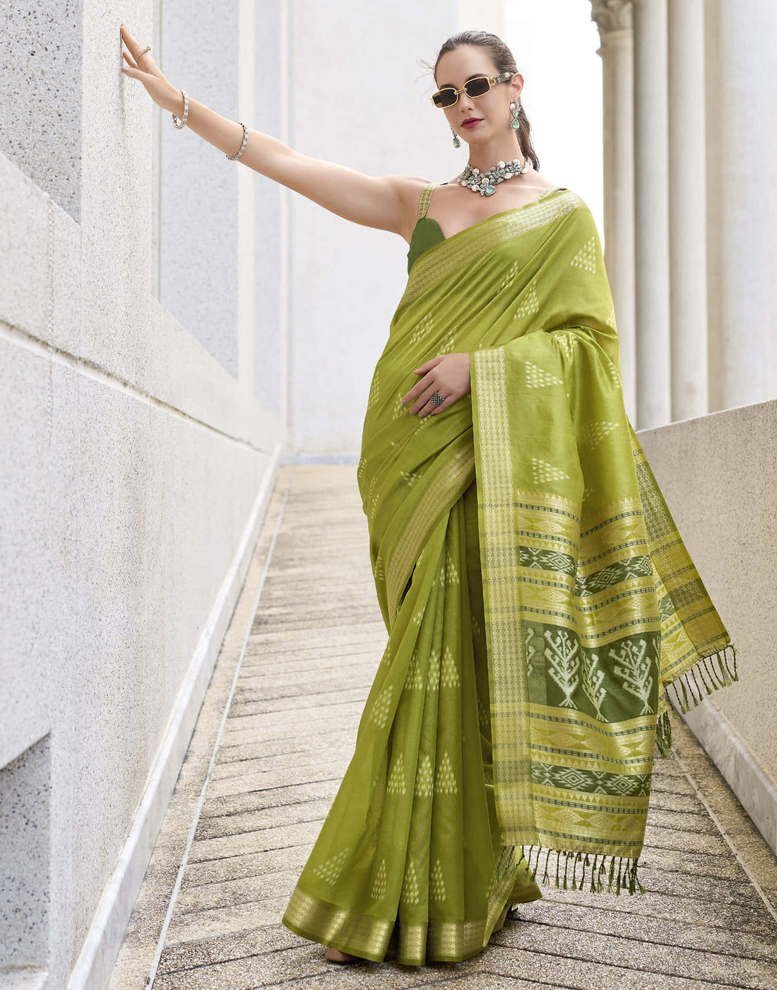 Parrot Green Silk Ikkat Woven Saree