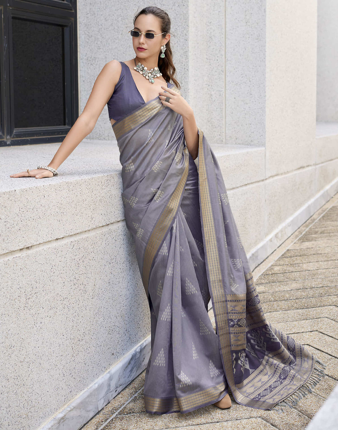 Grey Silk Ikkat Woven Saree