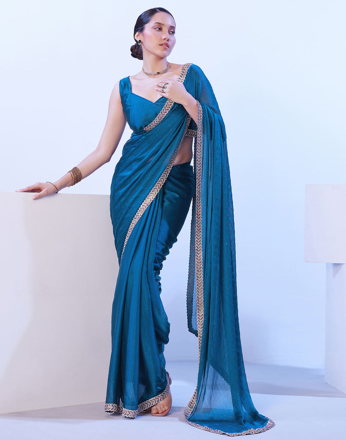 Rama Blue Chiffon Stone Work Embellished Saree