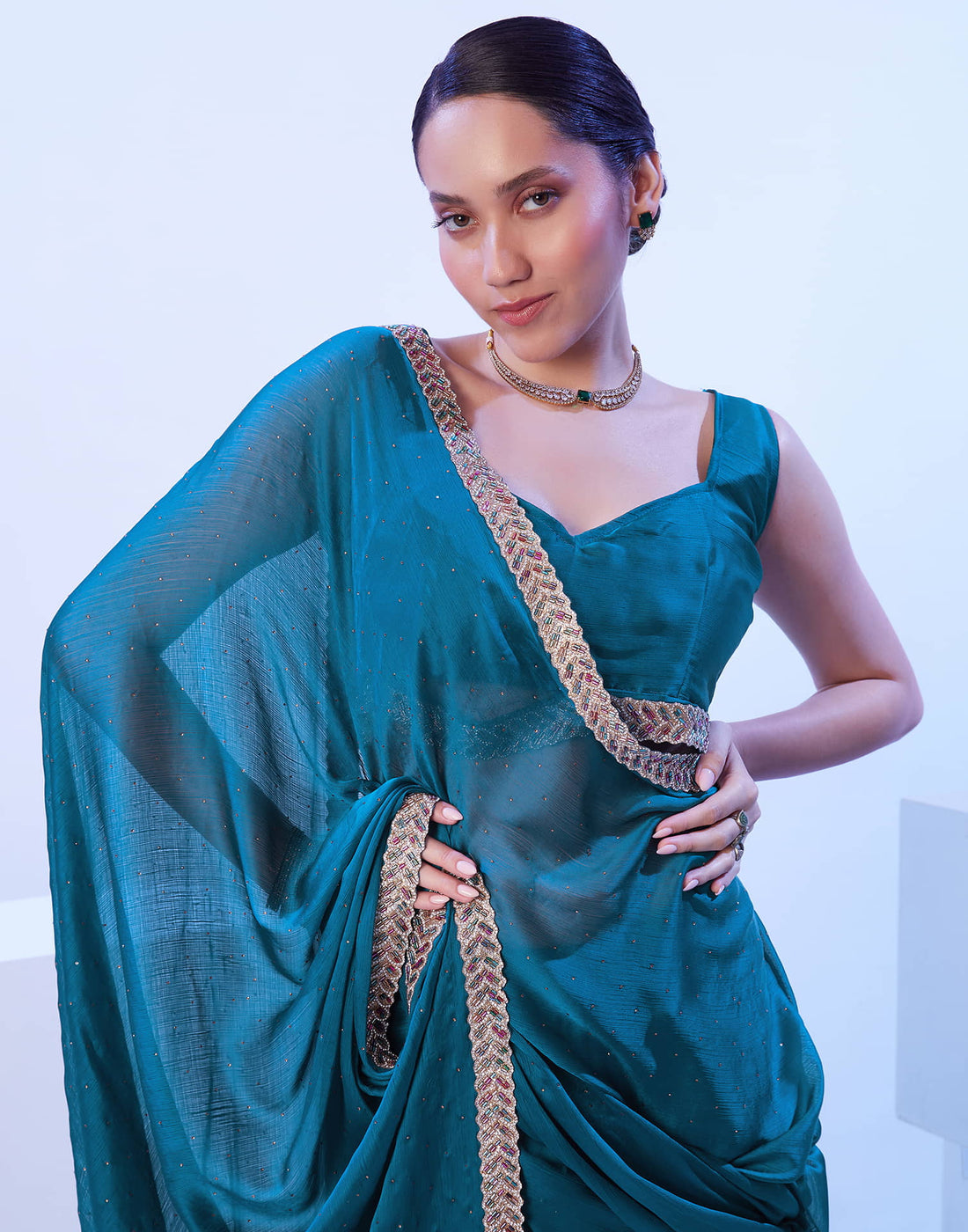 Rama Blue Chiffon Stone Work Embellished Saree