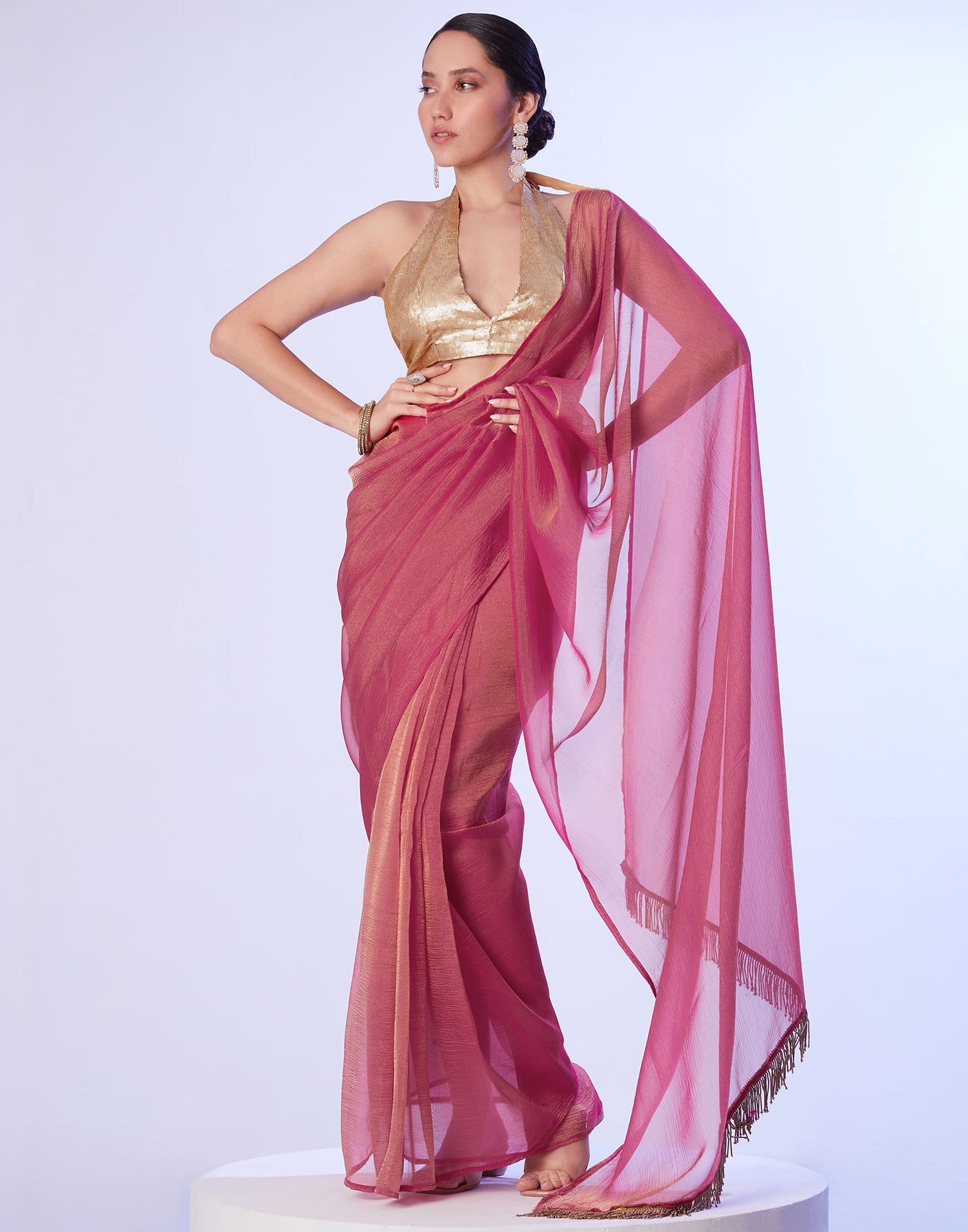 Rani Pink Shimmer Dyed Solid Saree