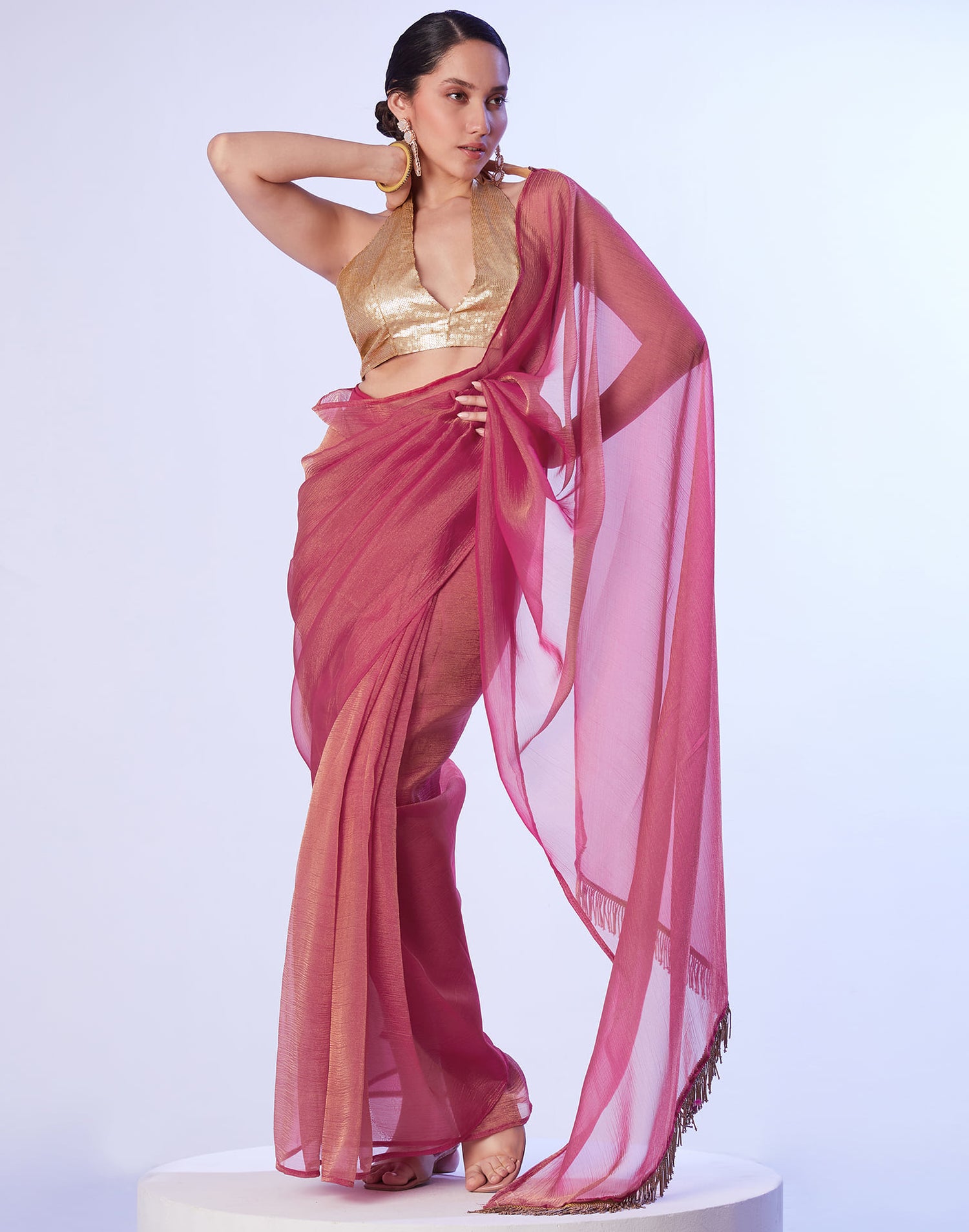 Rani Pink Shimmer Dyed Solid Saree