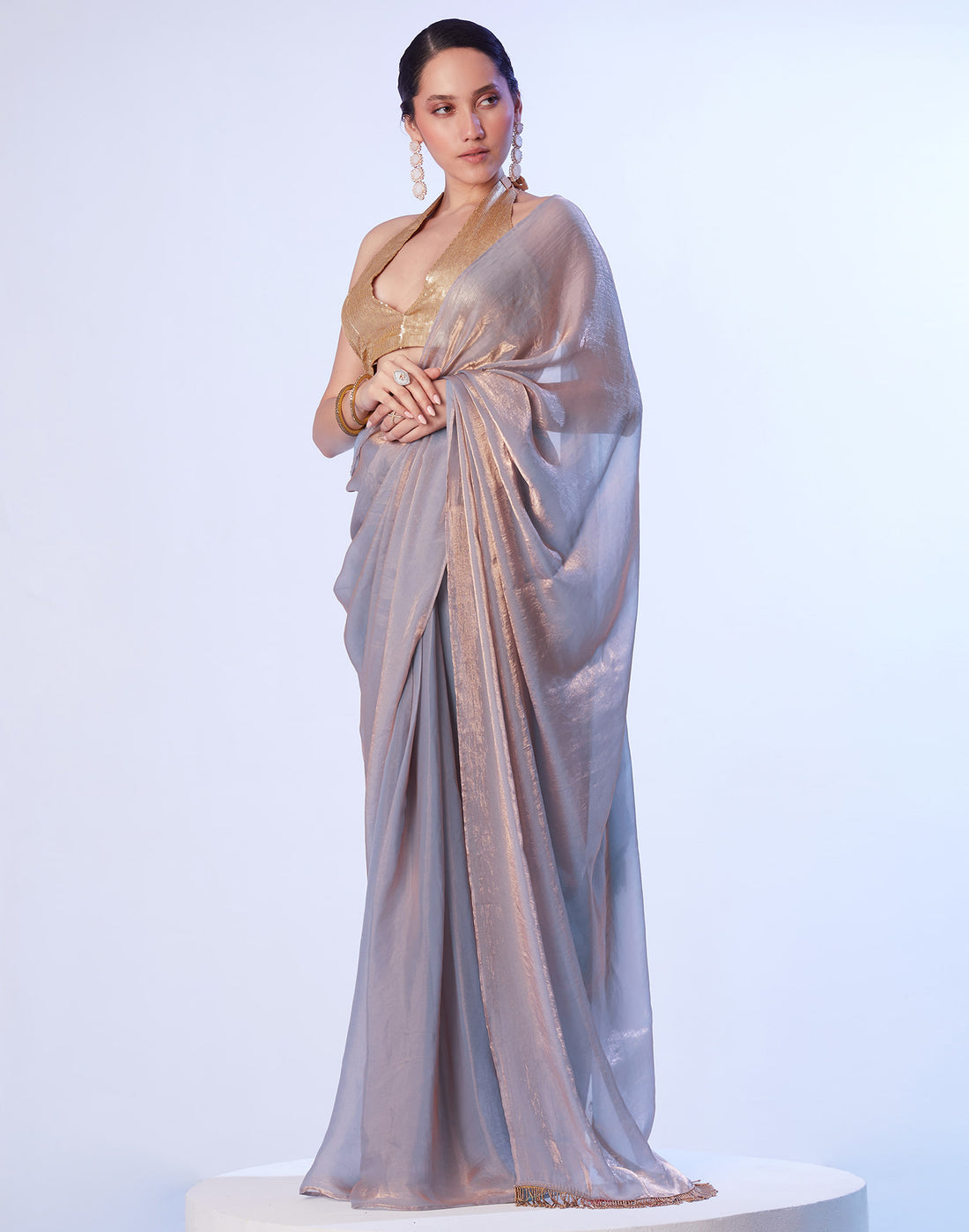Grey Tissue Silk Dyed Solid Saree