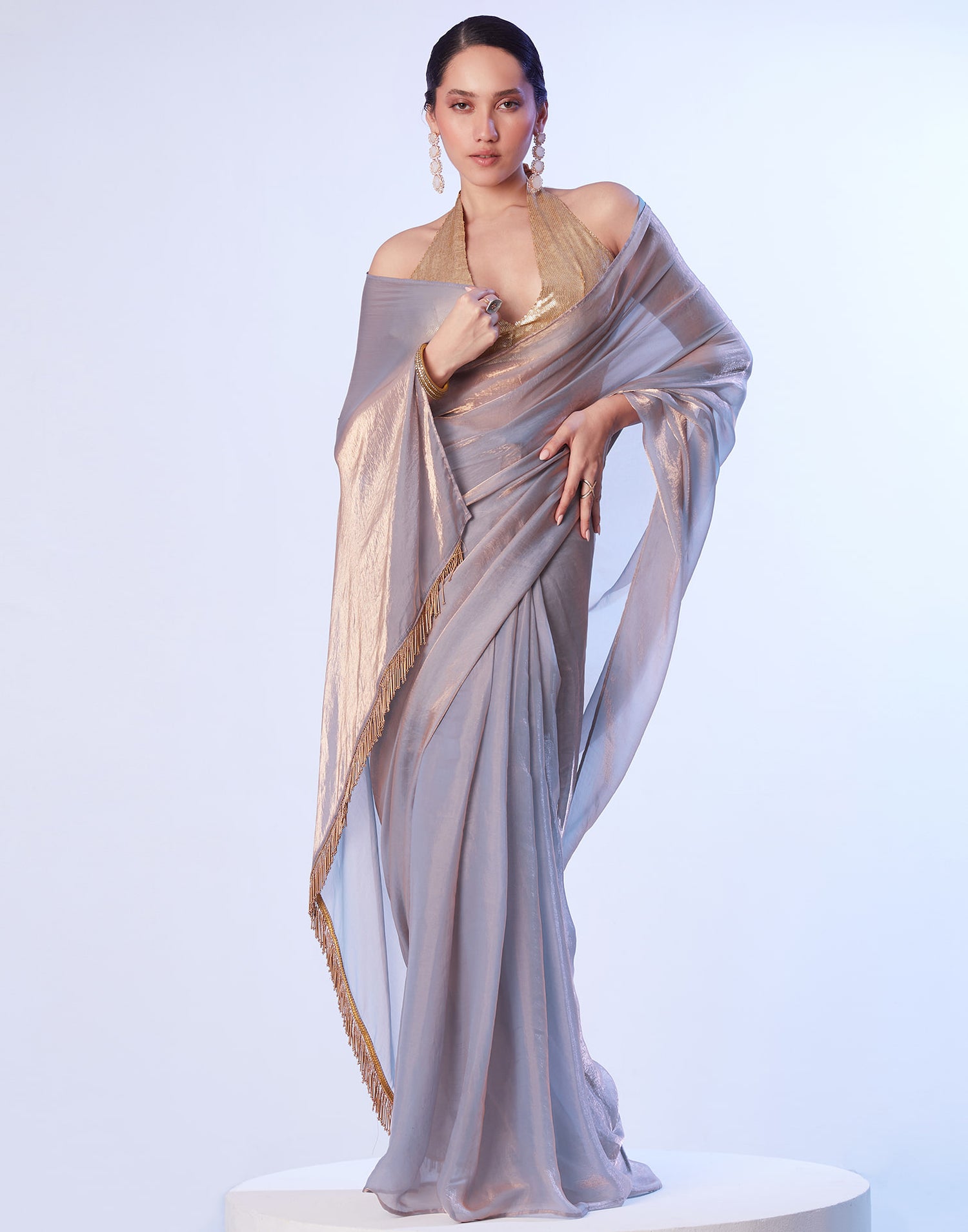 Grey Tissue Silk Dyed Solid Saree