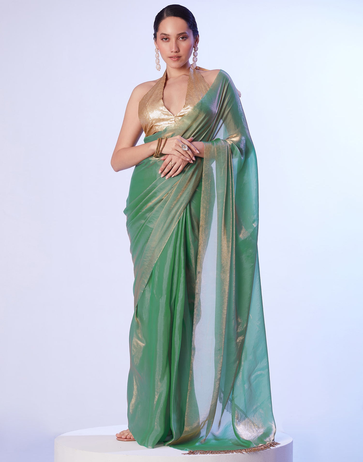 Green Tissue Silk Dyed Solid Saree