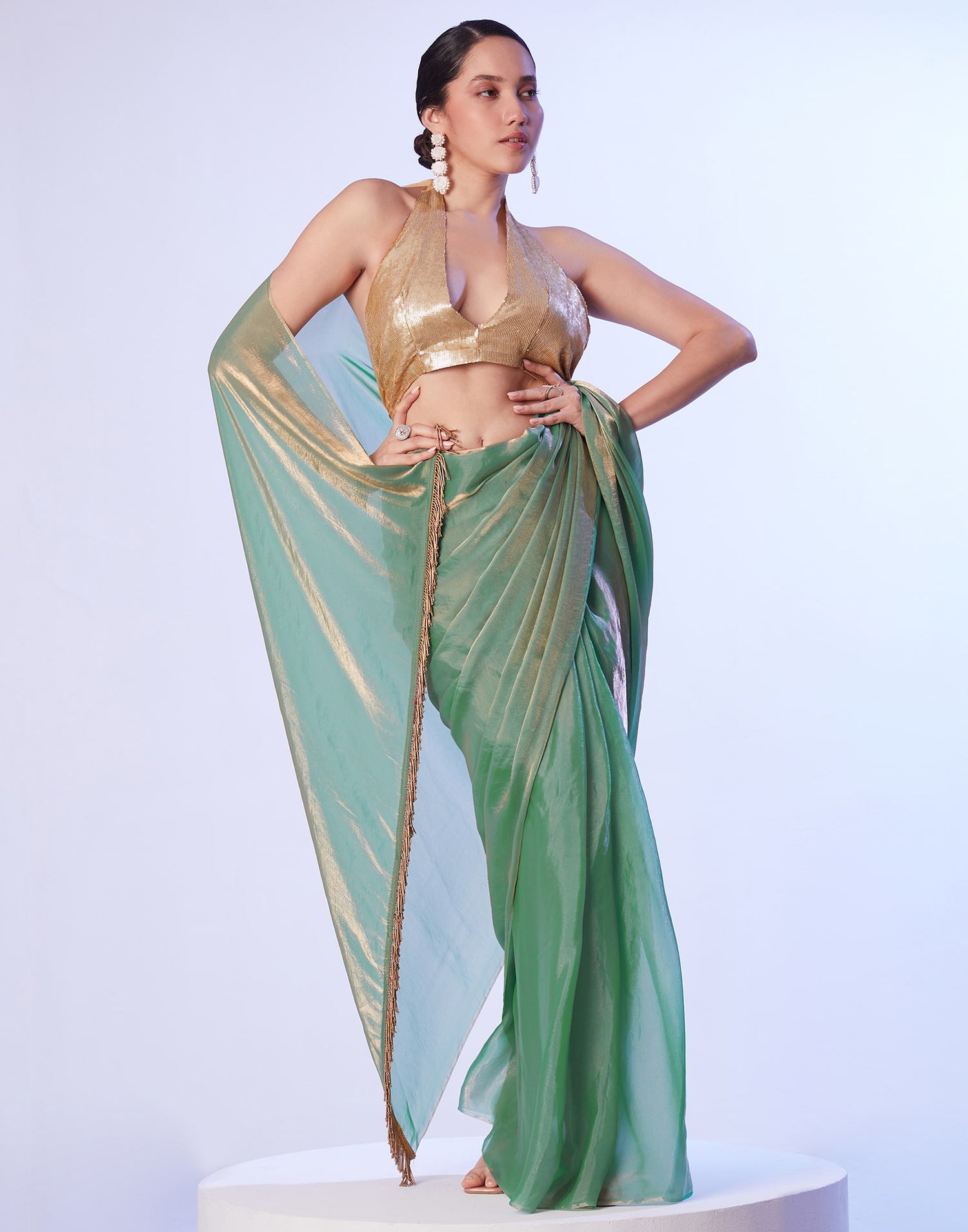 Green Tissue Silk Dyed Solid Saree