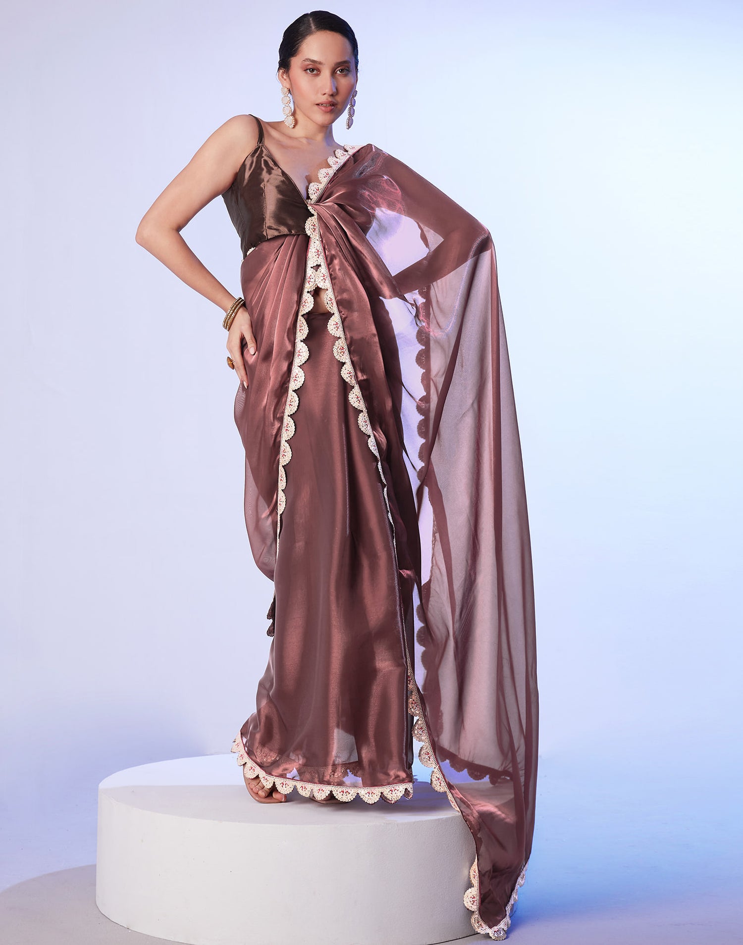 Dark Mauve Shimmer Lace Solid Saree