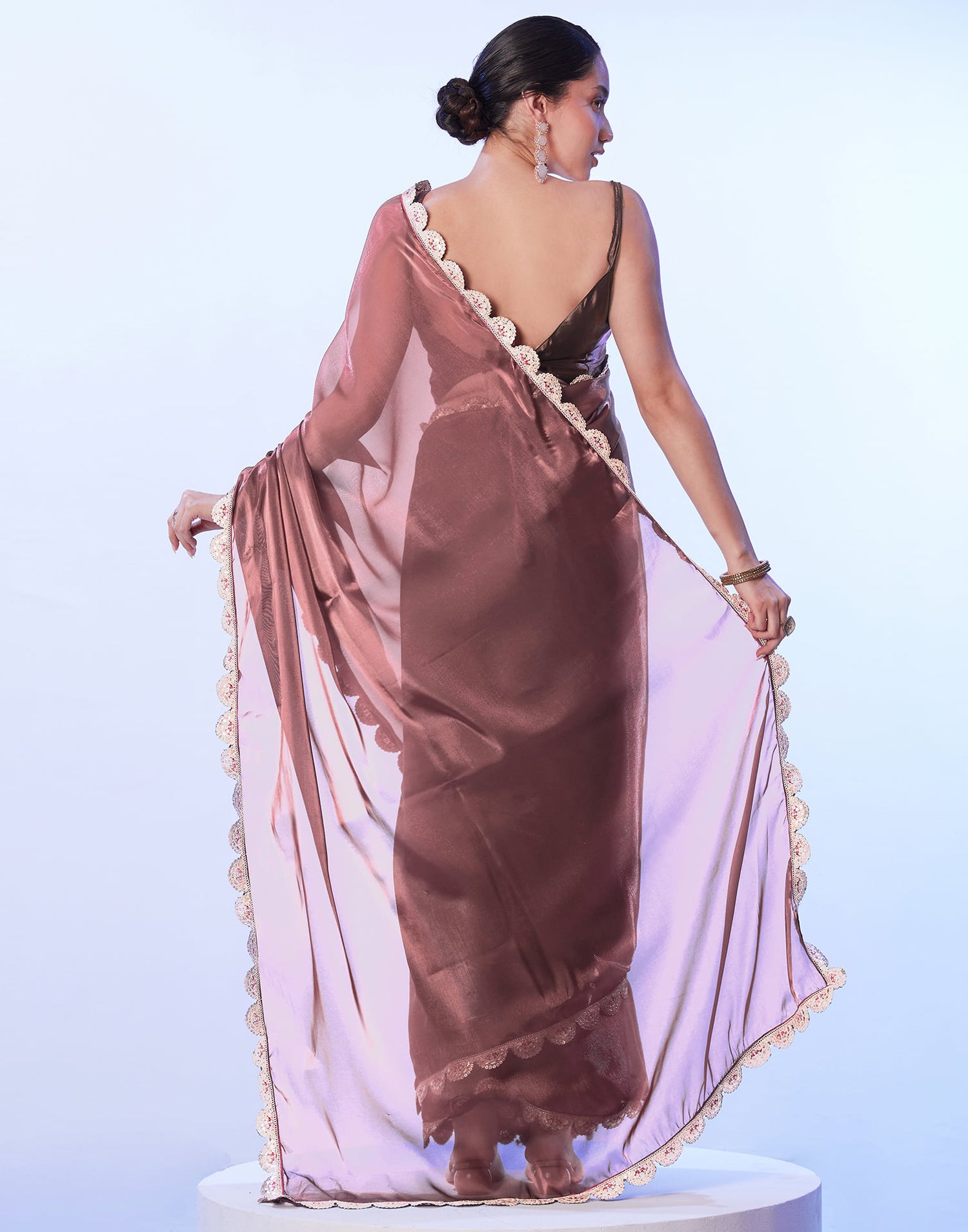 Dark Mauve Shimmer Lace Solid Saree