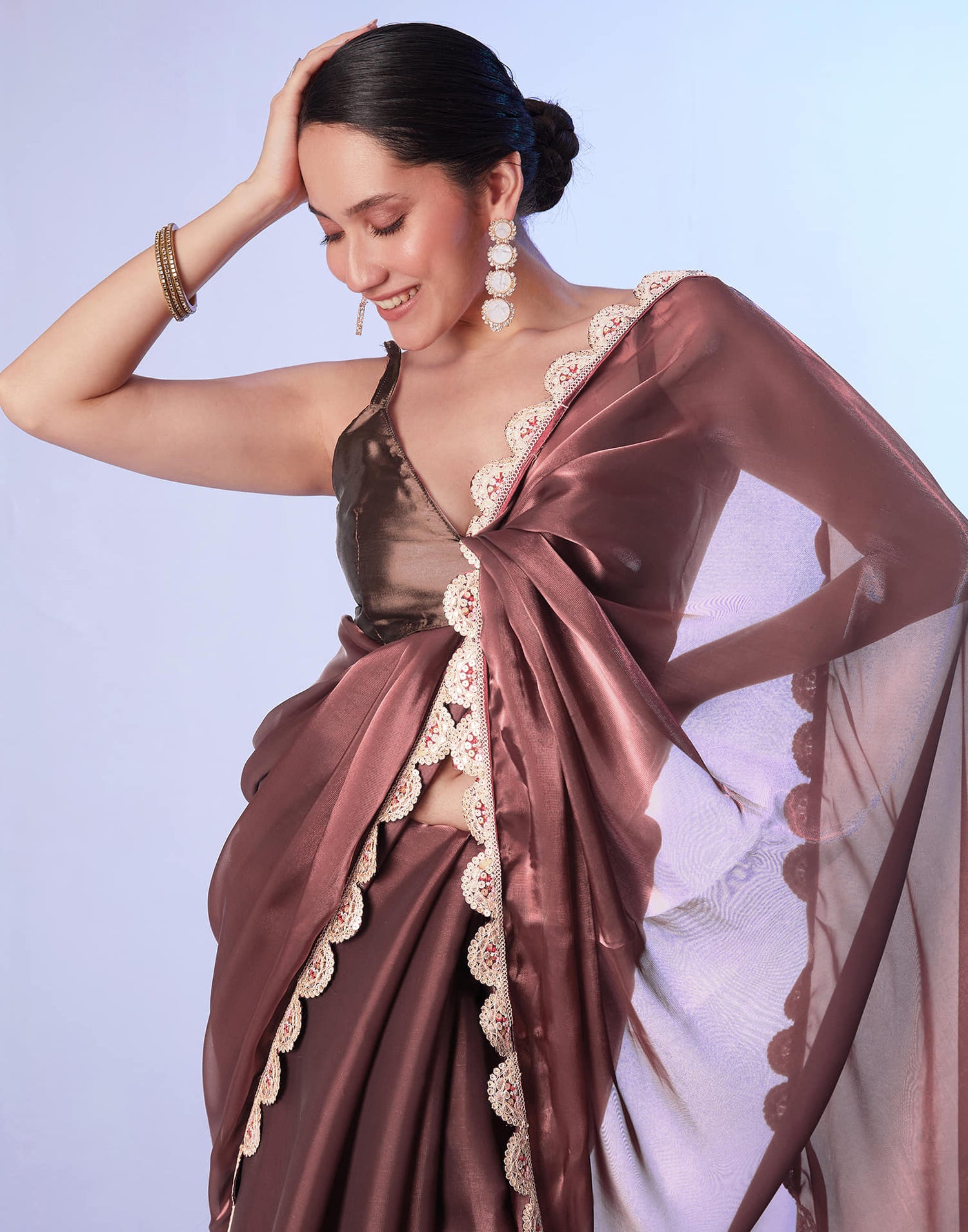 Dark Mauve Shimmer Lace Solid Saree