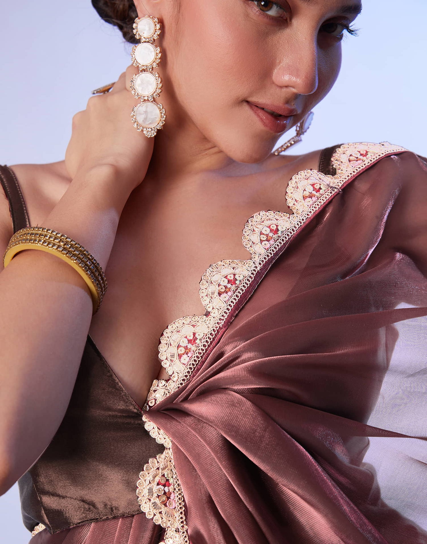 Dark Mauve Shimmer Lace Solid Saree