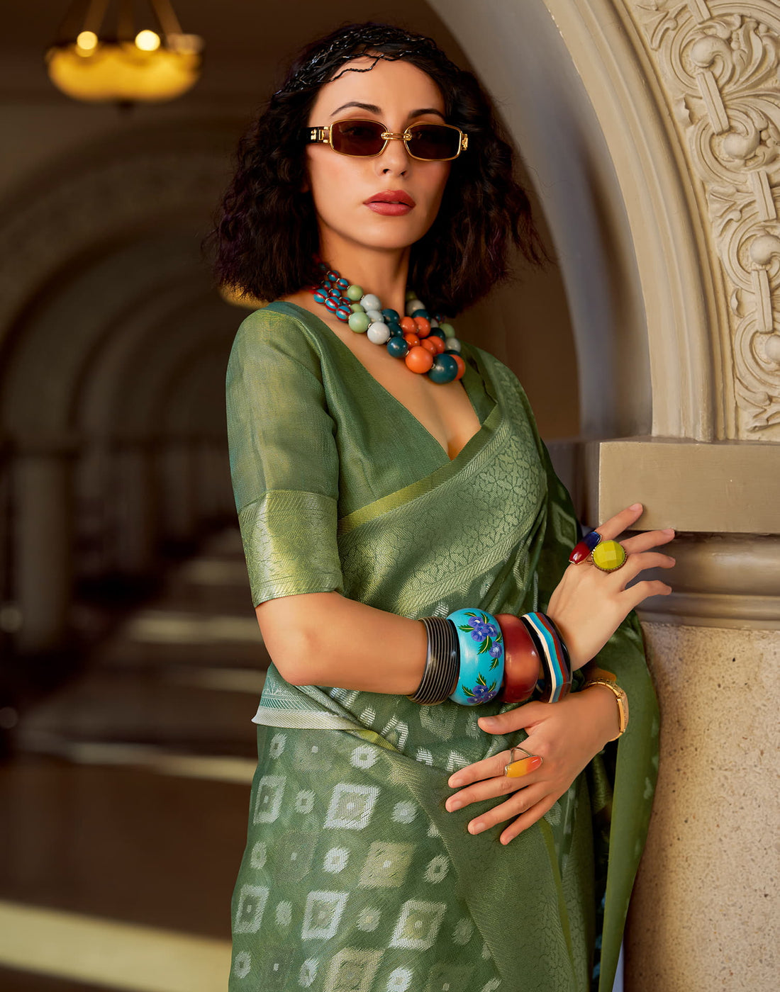 Dusty Green Tissue Silk Woven Saree