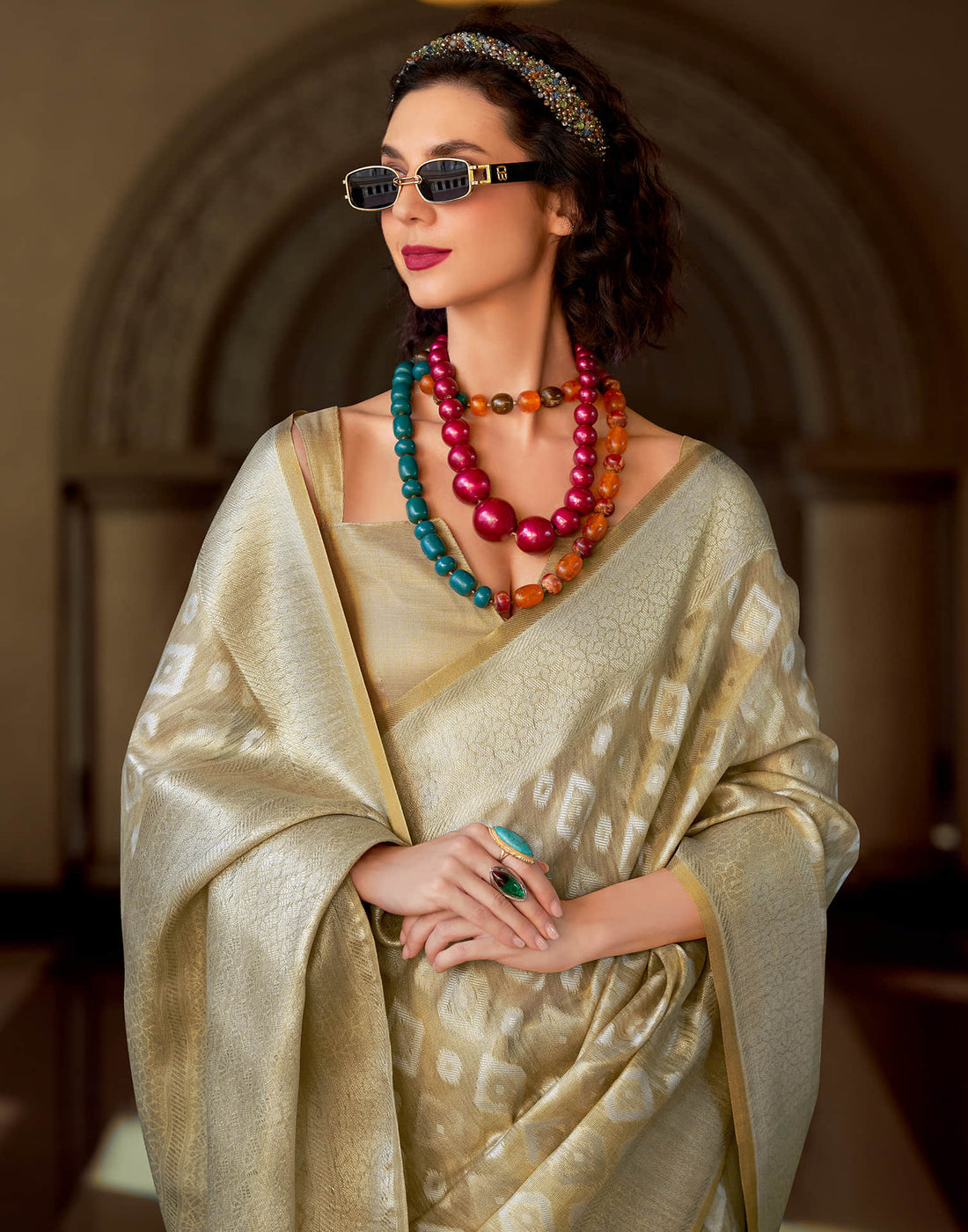 Beige Tissue Silk Woven Saree