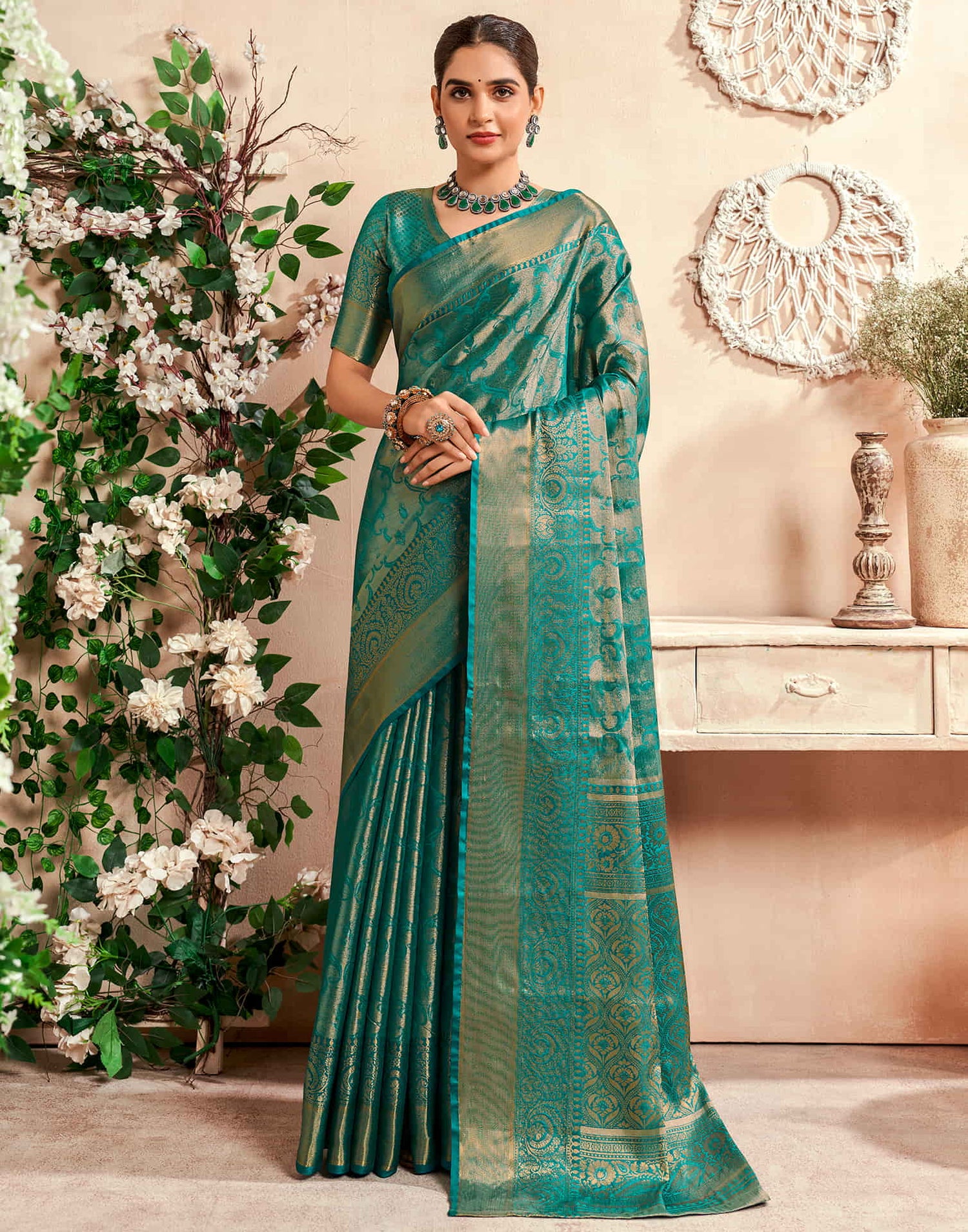 Teal Green Silk Woven Kanjivaram Saree