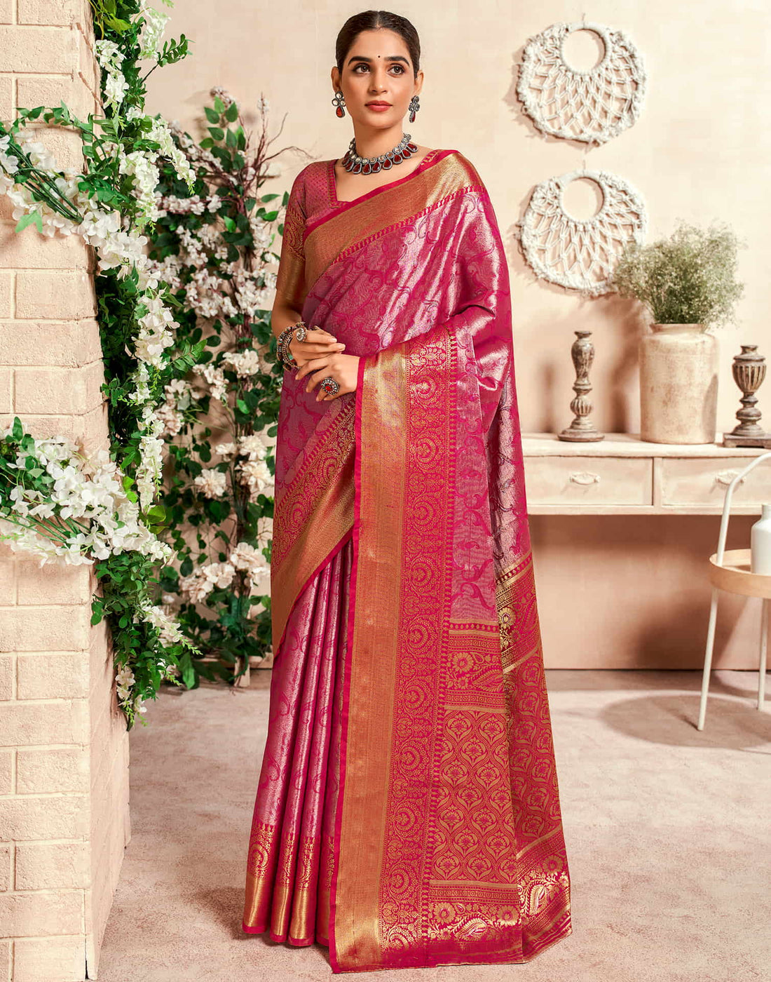 Rani Pink Silk Woven Kanjivaram Saree