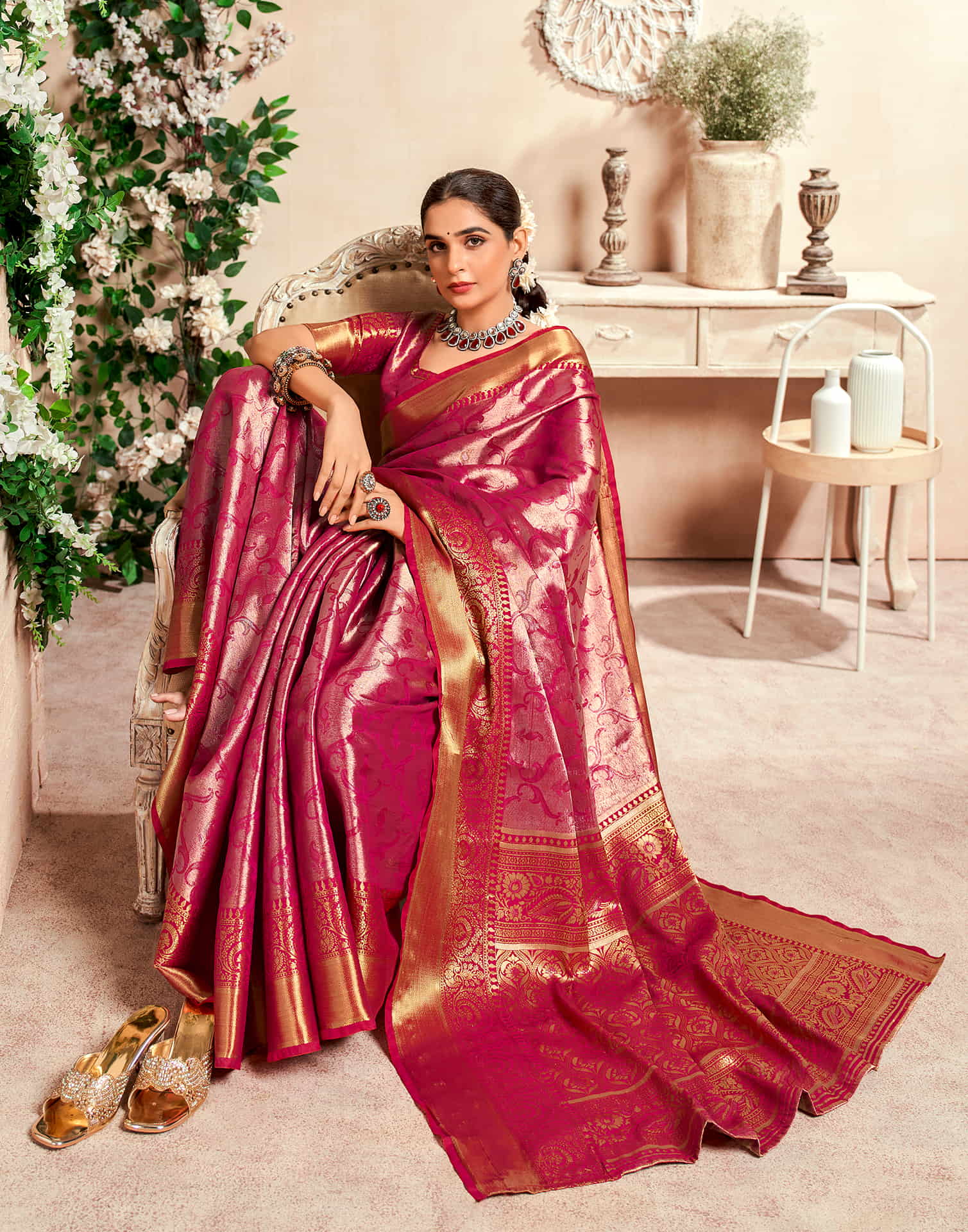 Rani Pink Silk Woven Kanjivaram Saree