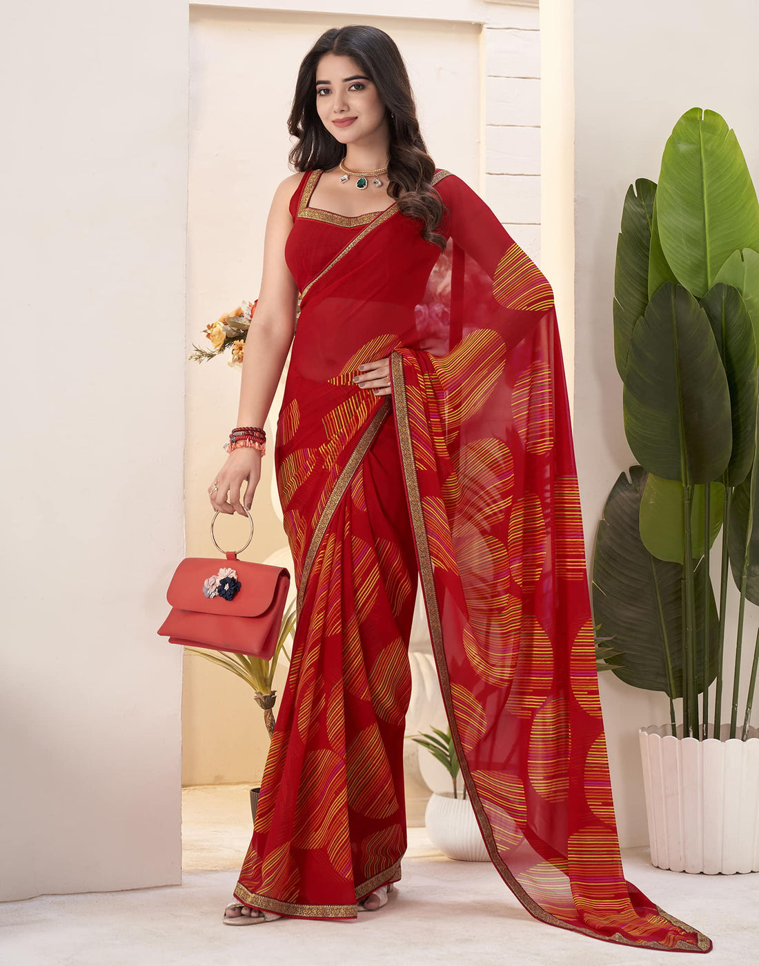 Red Georgette Geometric Printed Saree
