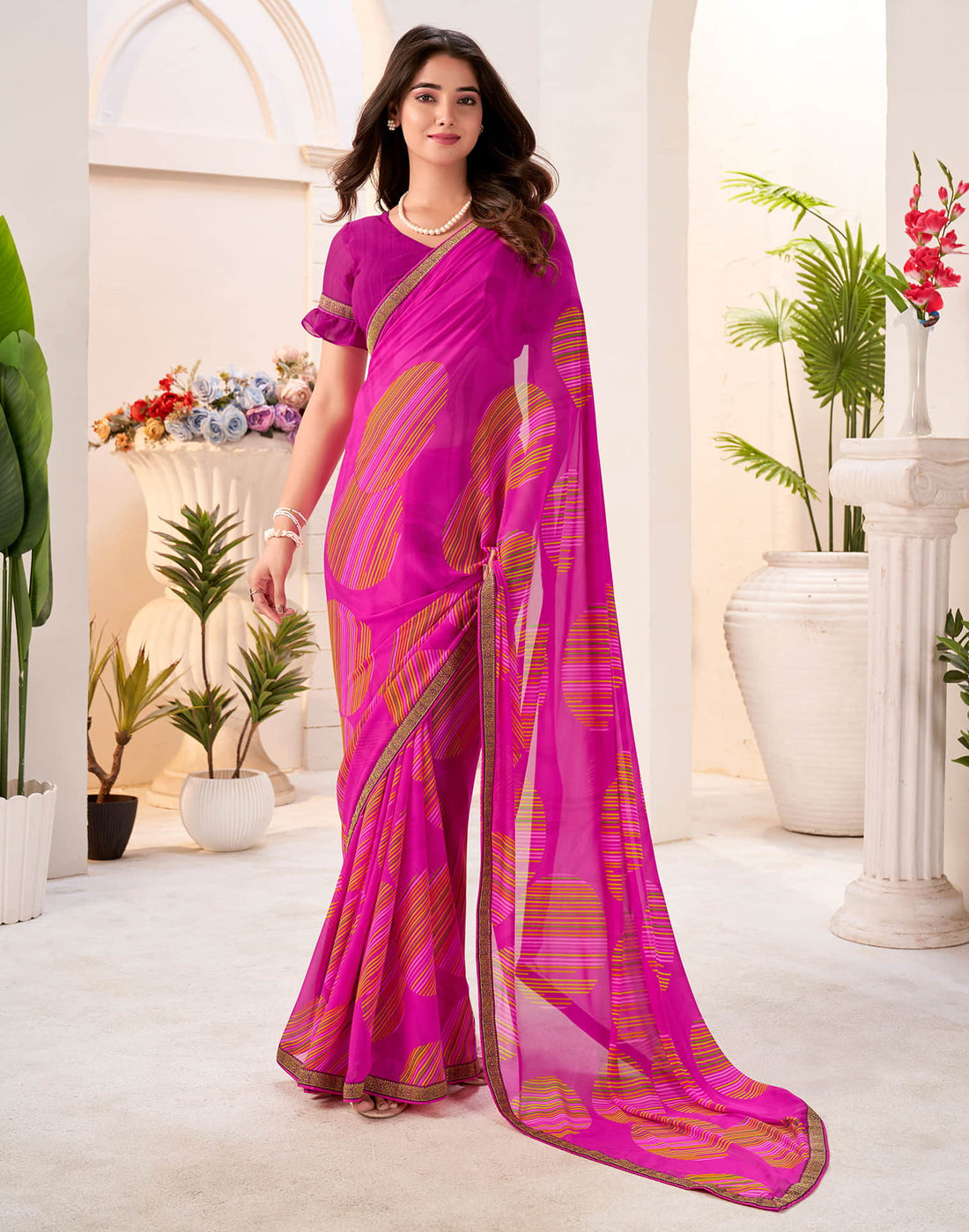 Magenta Georgette Geometric Printed Saree