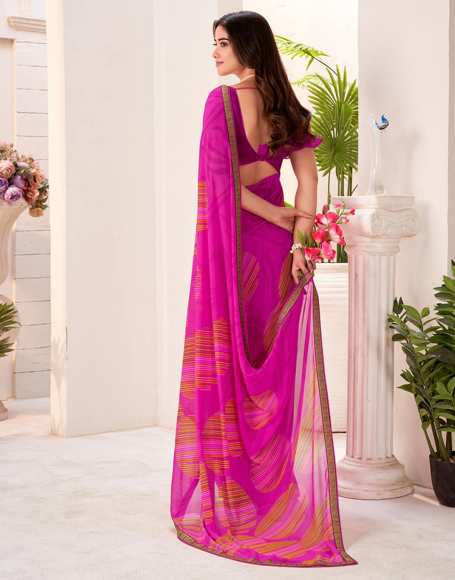Magenta Georgette Geometric Printed Saree