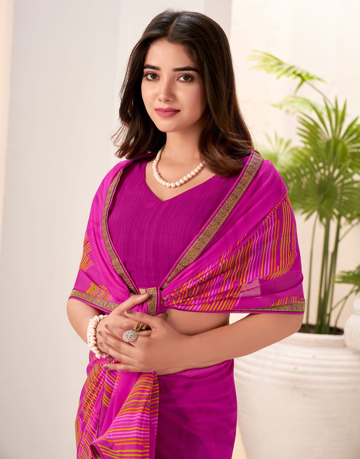 Magenta Georgette Geometric Printed Saree