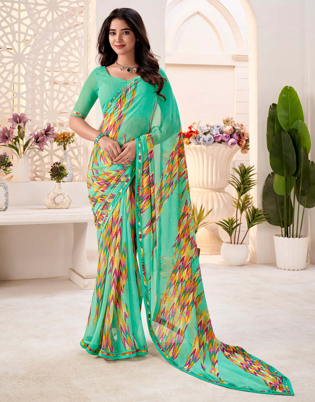Teal Green Georgette Geometric Printed Saree