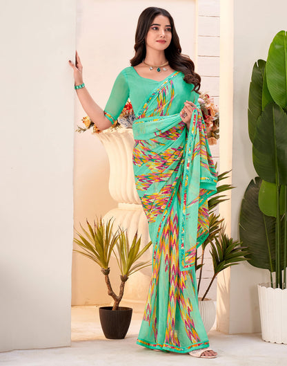 Teal Green Georgette Geometric Printed Saree