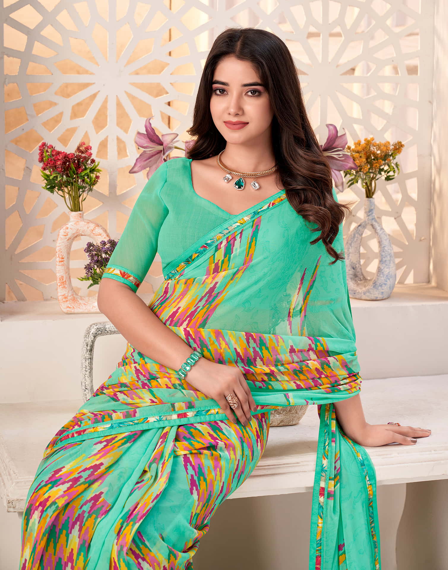 Teal Green Georgette Geometric Printed Saree