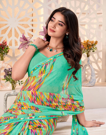 Teal Green Georgette Geometric Printed Saree