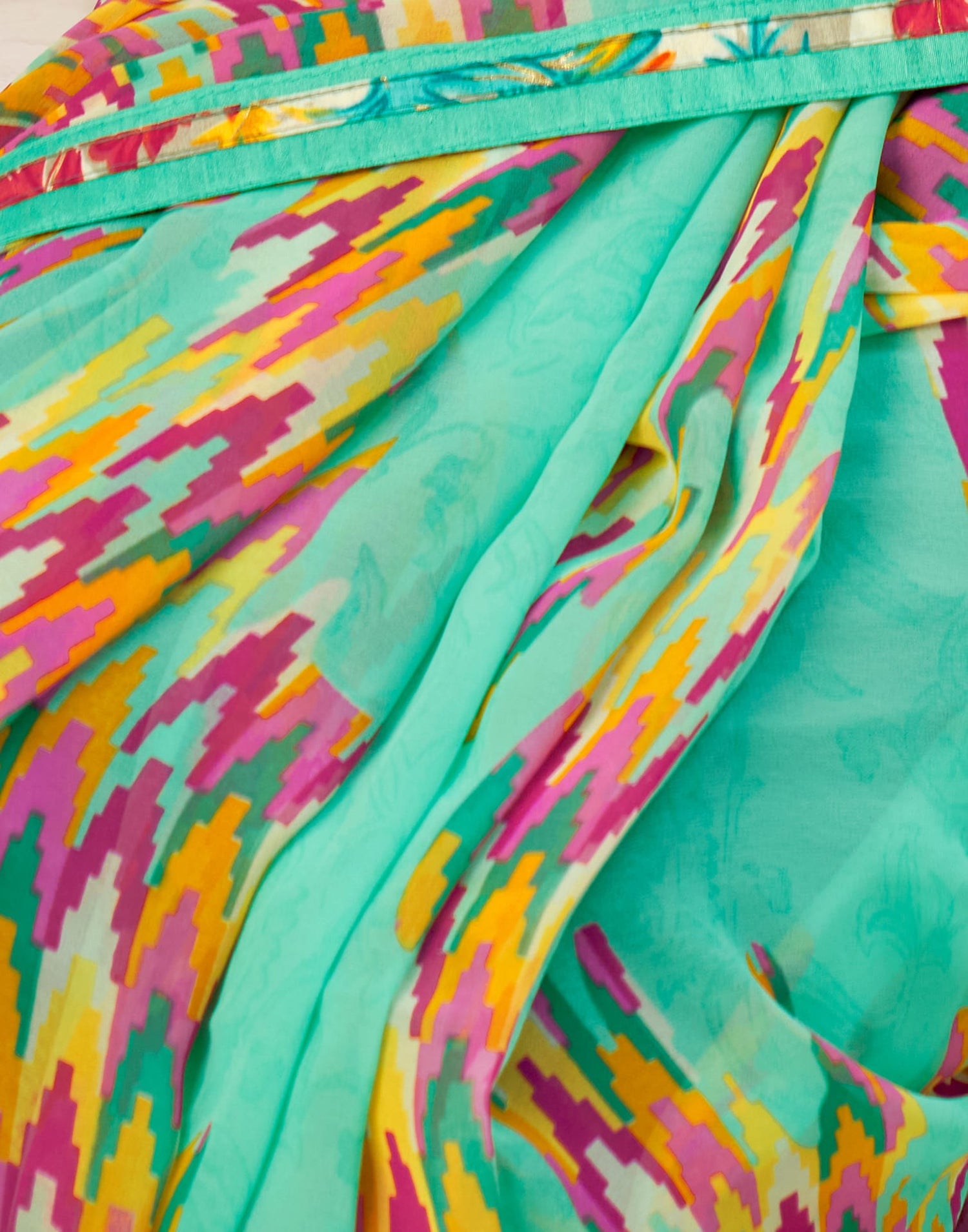 Teal Green Georgette Geometric Printed Saree